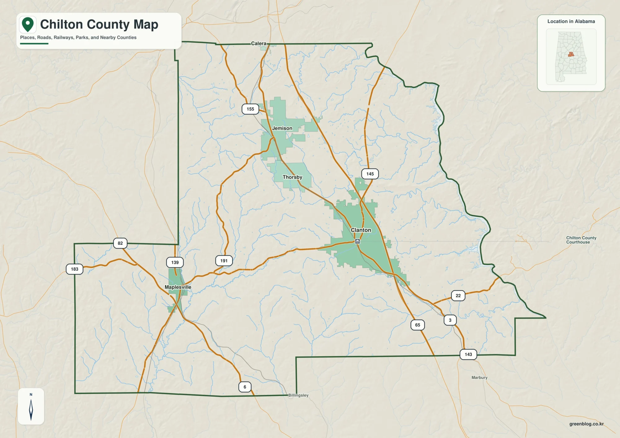 Chilton County Alabama map showing the county boundary and selected labeled places
