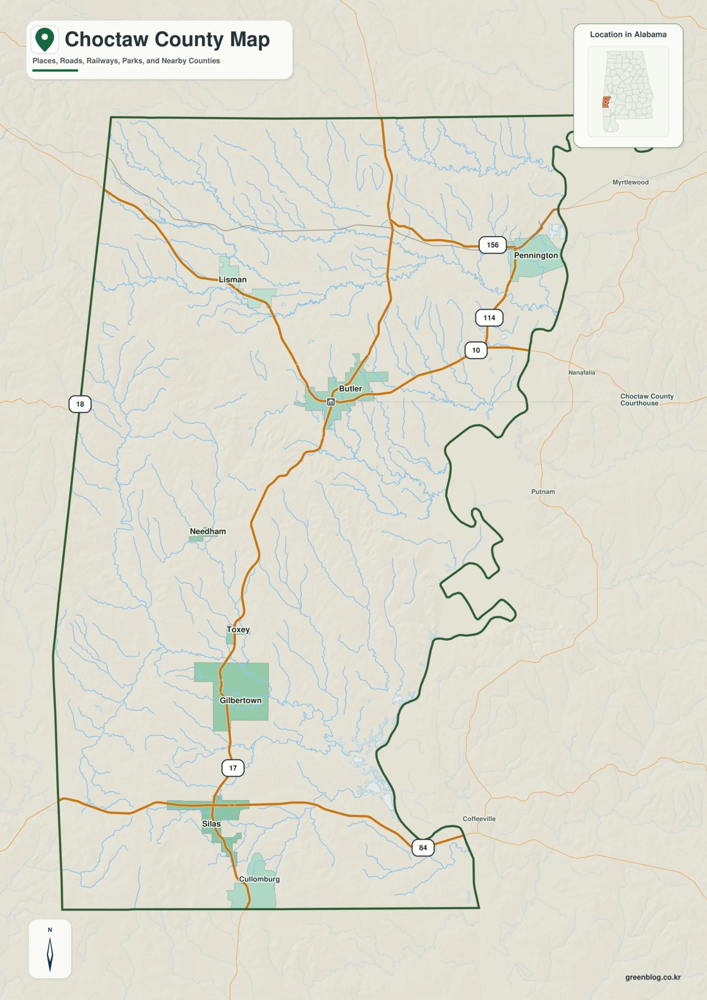Choctaw County Alabama map showing the county boundary and selected labeled places