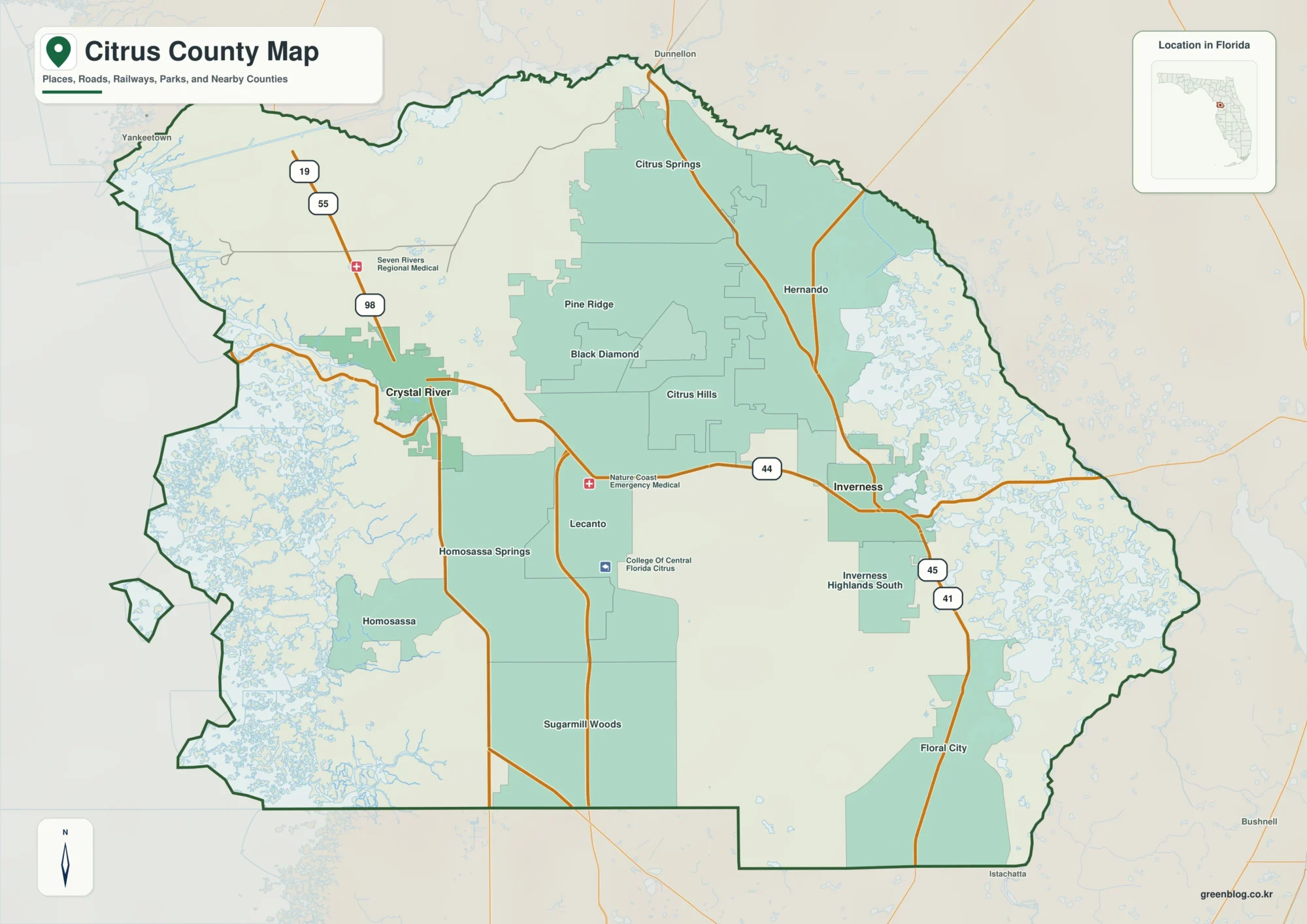 Citrus County Florida map showing Inverness, Crystal River, Homosassa