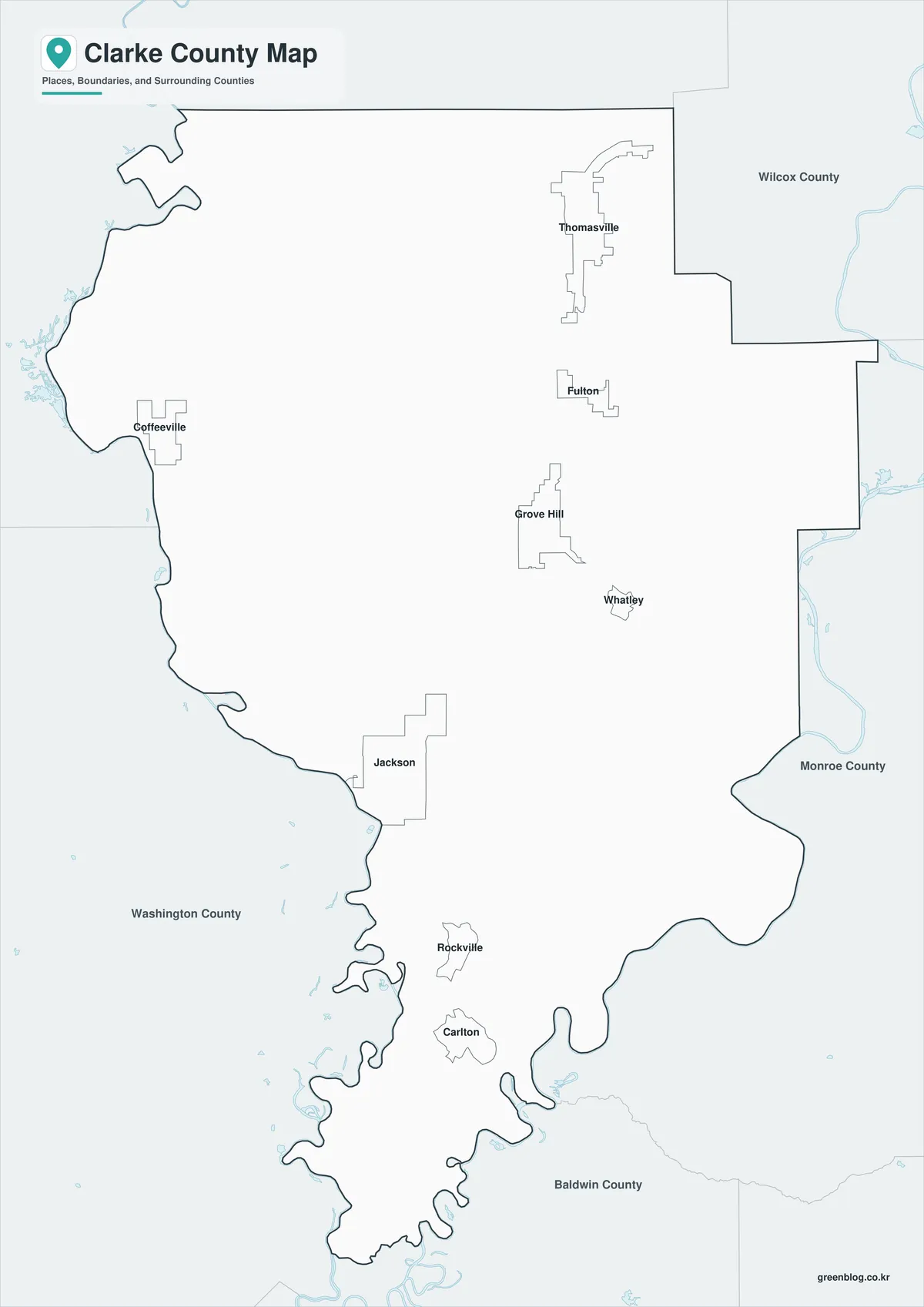 Clarke County Map black and white version with selected place names, internal boundaries, and surrounding counties