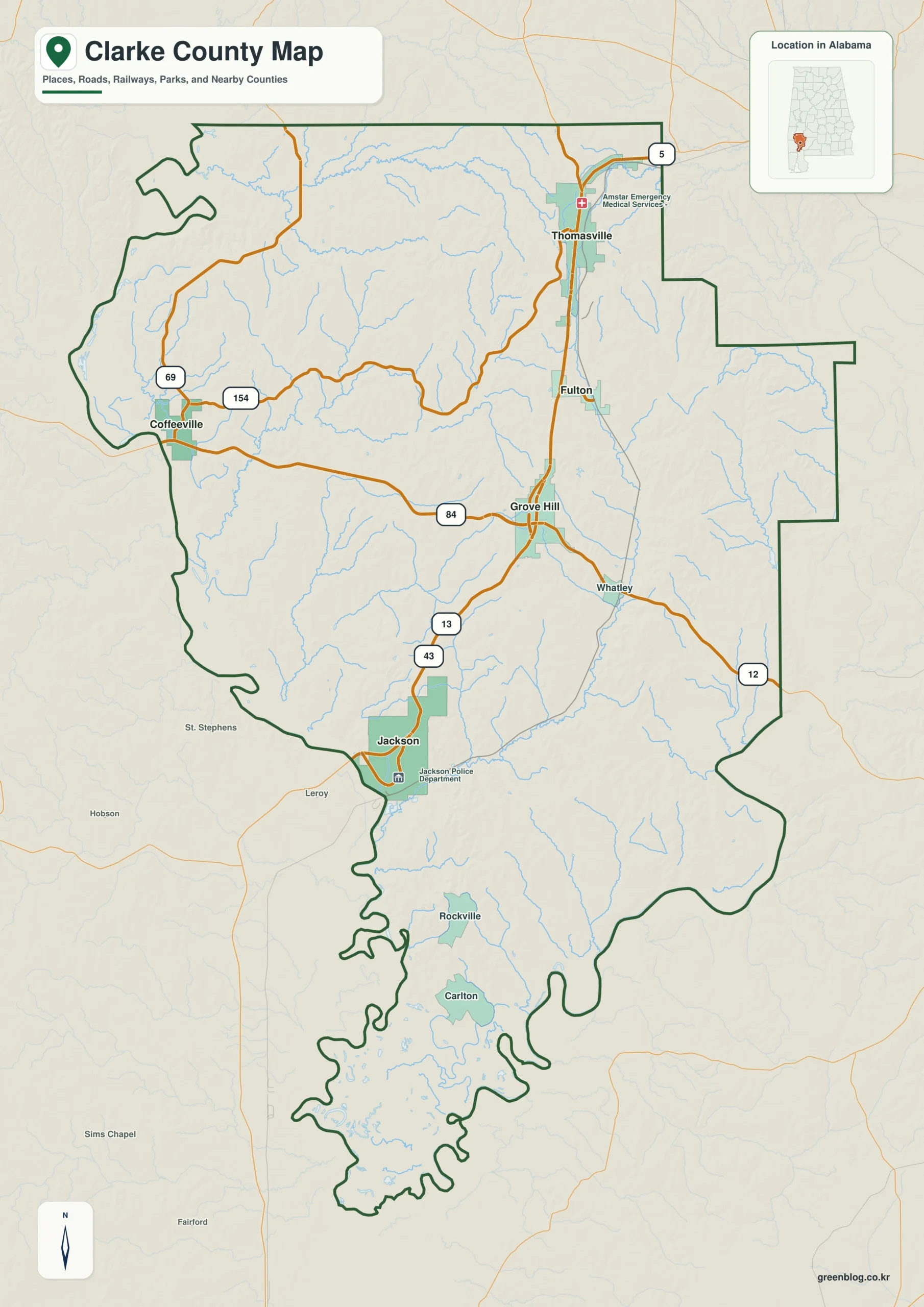 Clarke County Alabama map showing the county boundary and selected labeled places