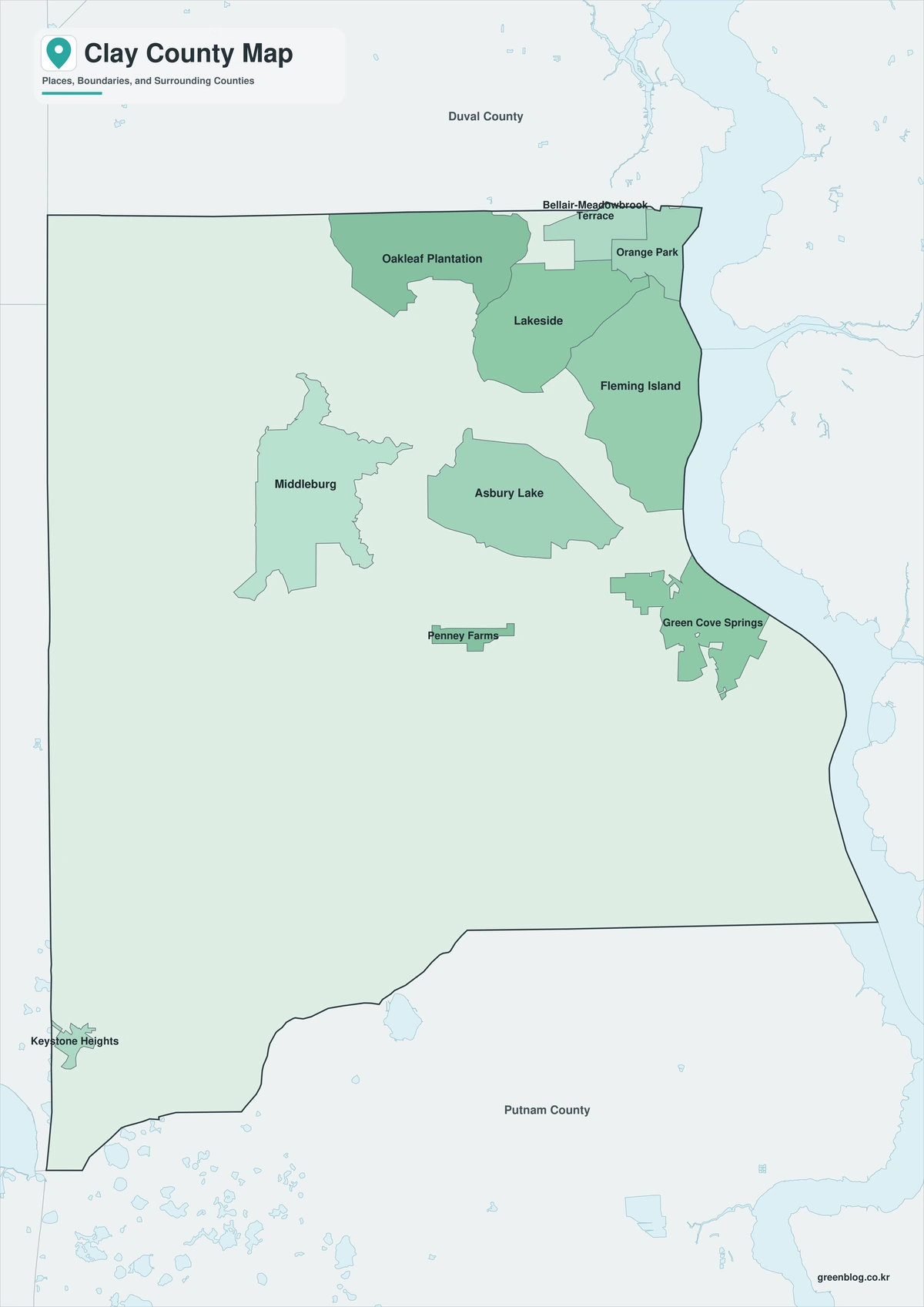 Color map of Clay County Florida and neighboring counties