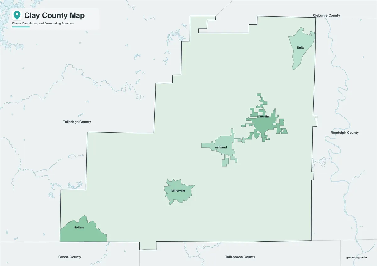 Clay County Map graphic with Color, Black and White, and Outline A3 JPG versions