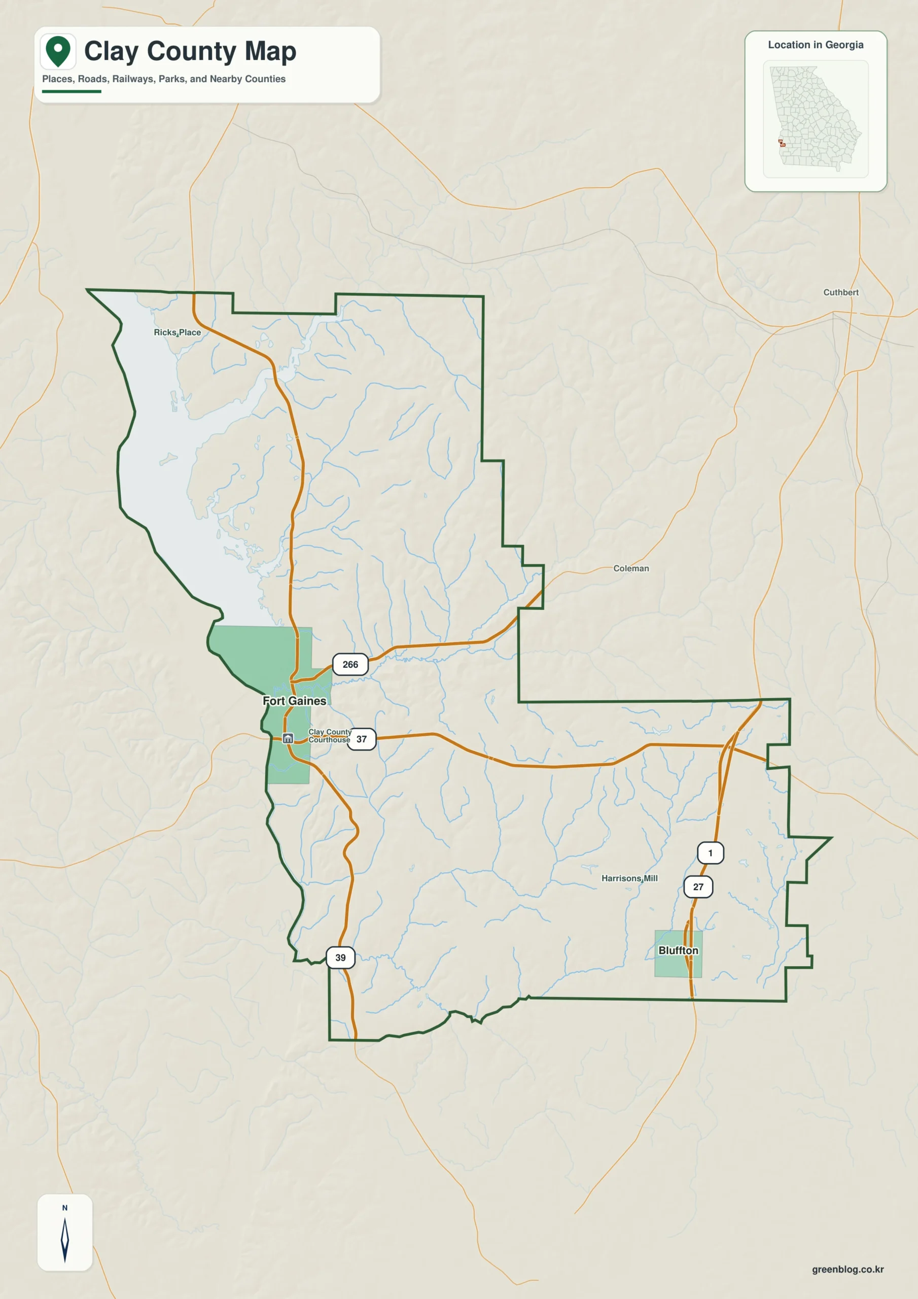 Clay County Georgia map showing the county boundary and selected places