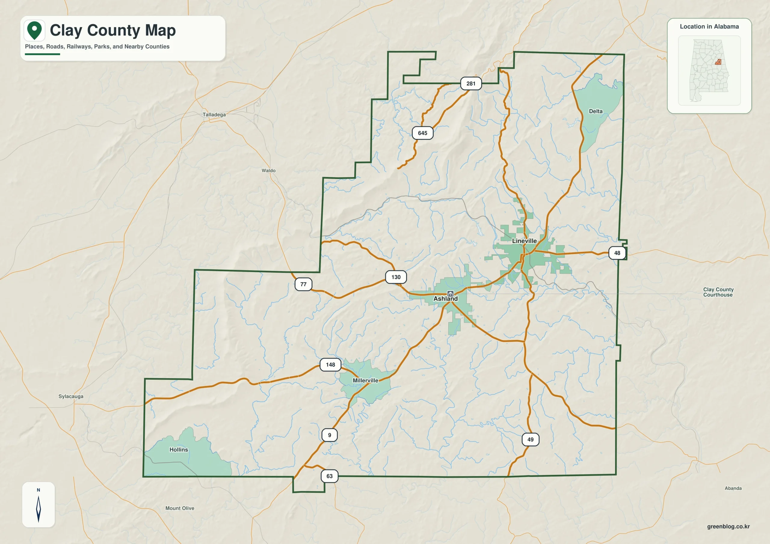 Clay County Alabama map showing the county boundary and selected labeled places