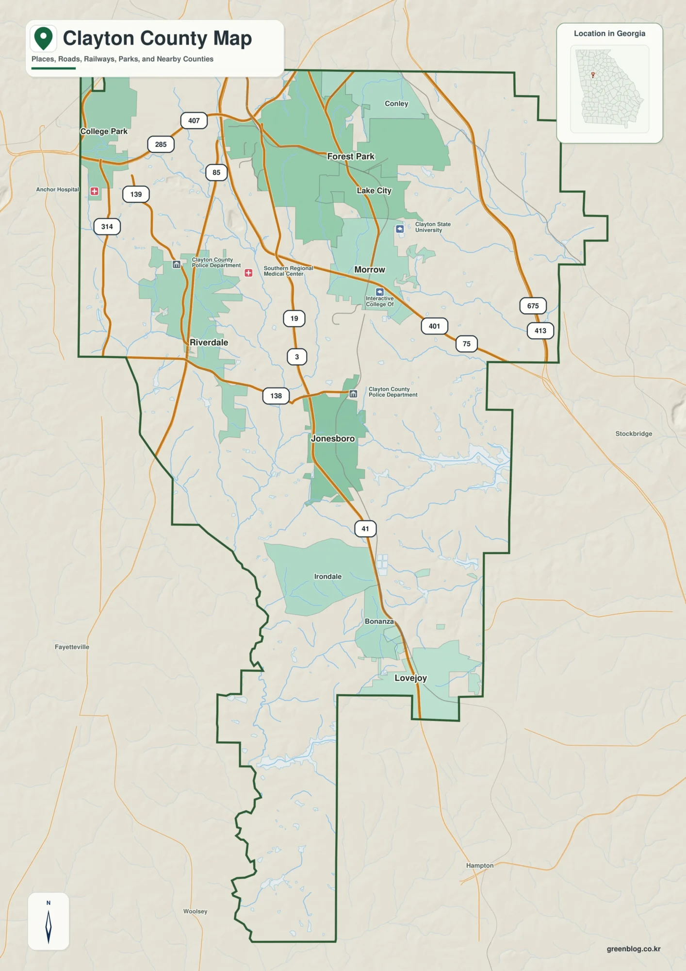 Clayton County Georgia map showing the county boundary and selected places