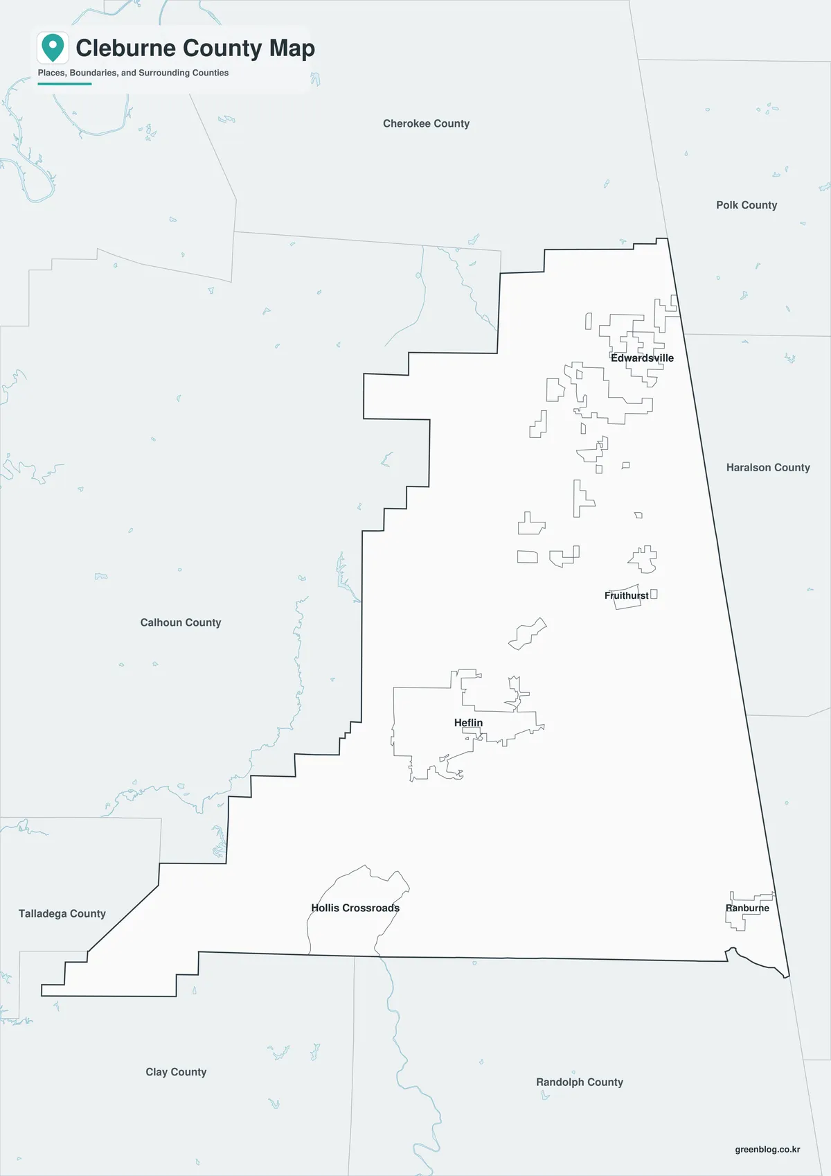 Cleburne County Map black and white version with selected place names and boundaries