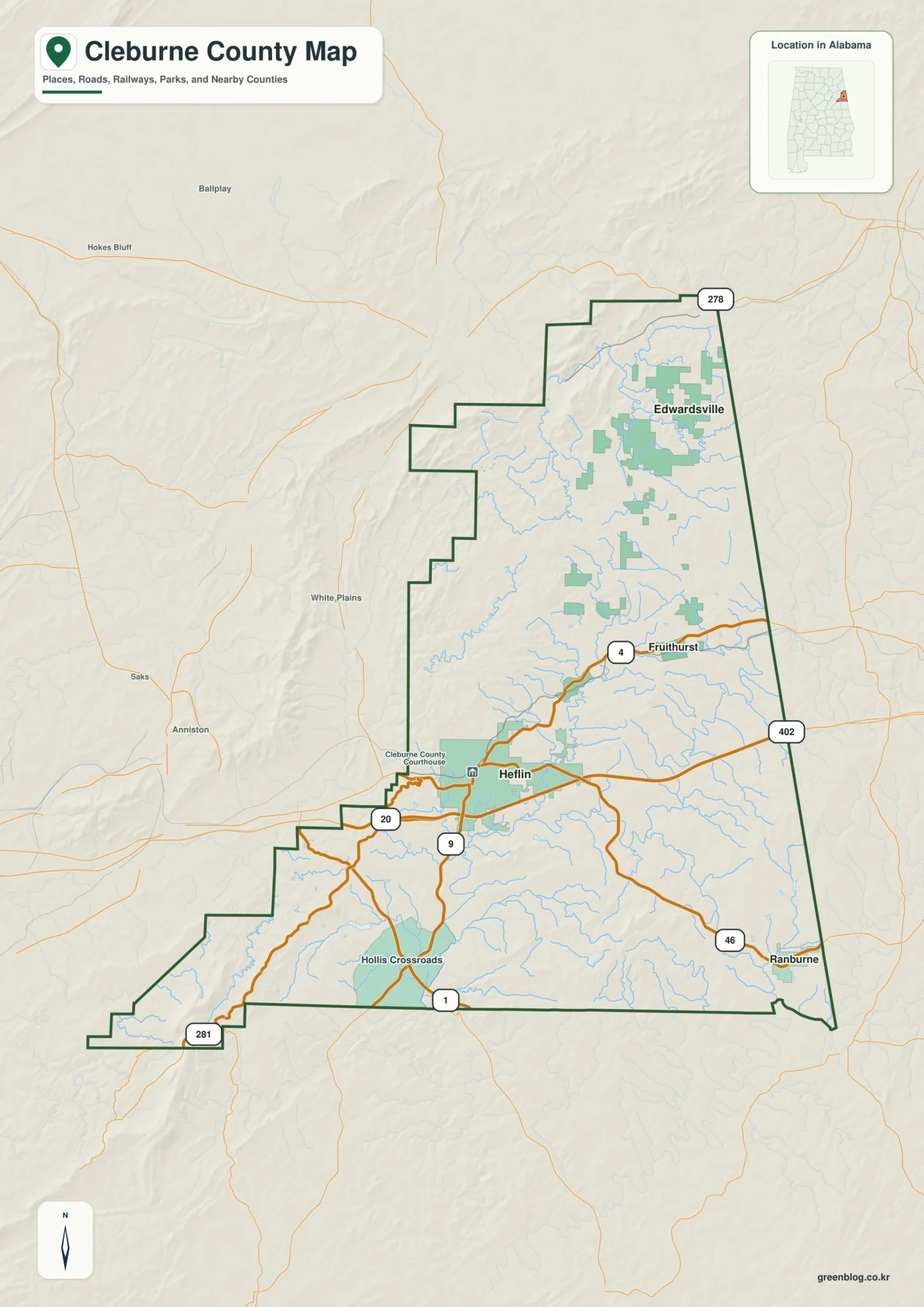 클레번 카운티 Cleburne County 앨라배마 지도에서 카운티 경계와 주요 지명을 확인하는 지도