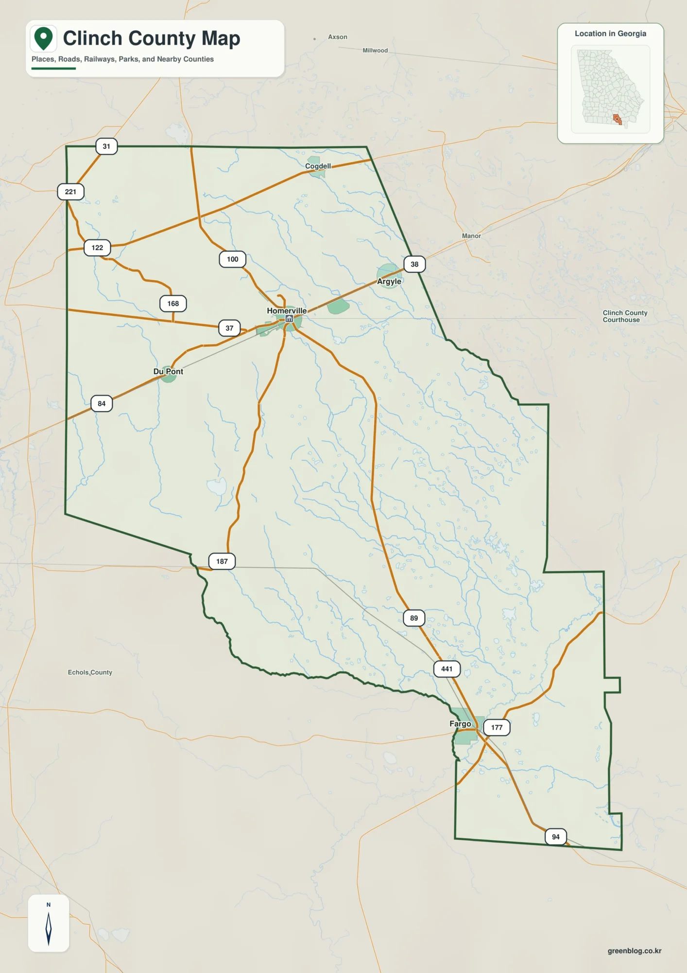 Clinch County Georgia map showing the county boundary and selected places