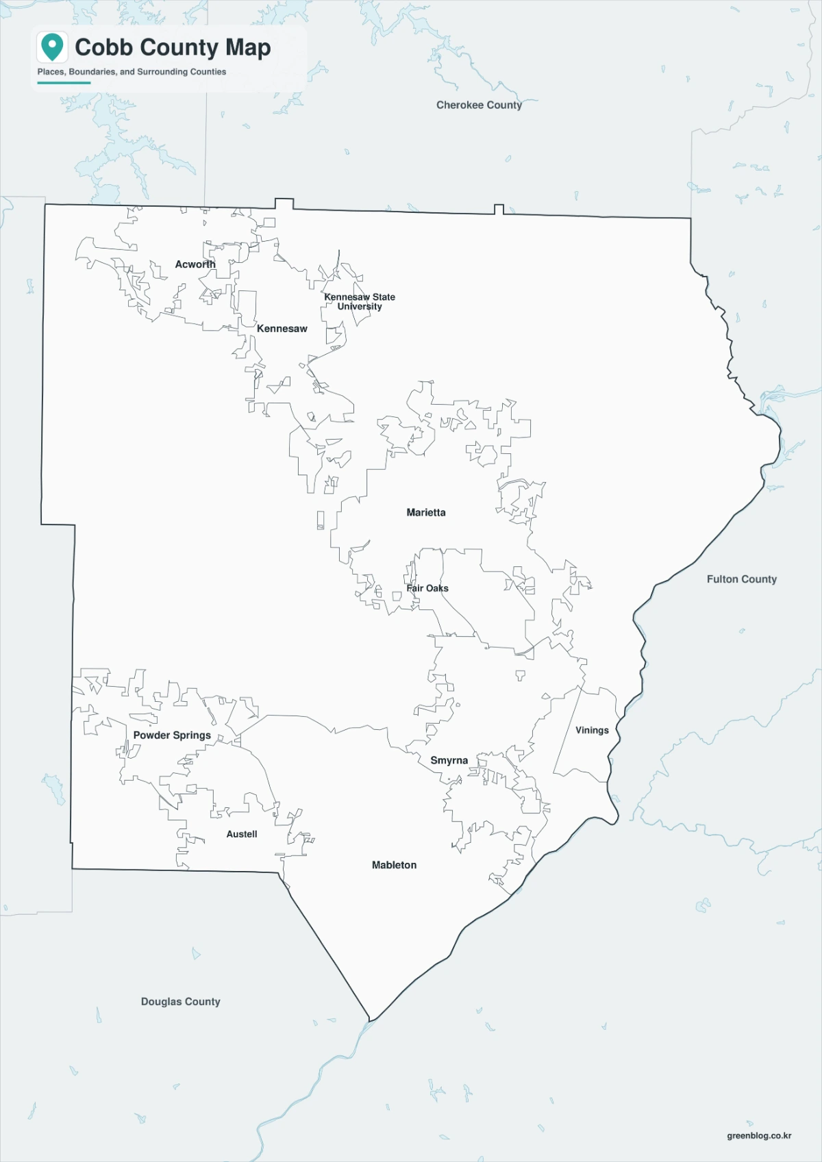 Cobb County map black and white version with adjacent counties