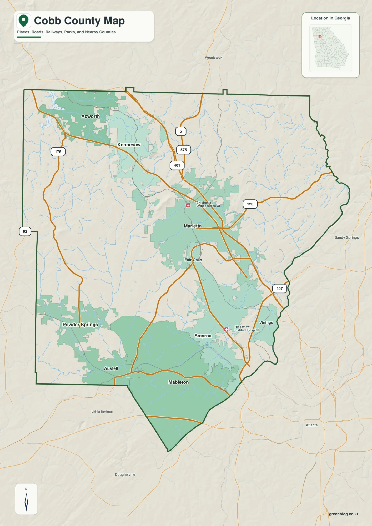 코브 카운티 Cobb County 조지아 지도에 표시된 카운티 경계와 주요 지명