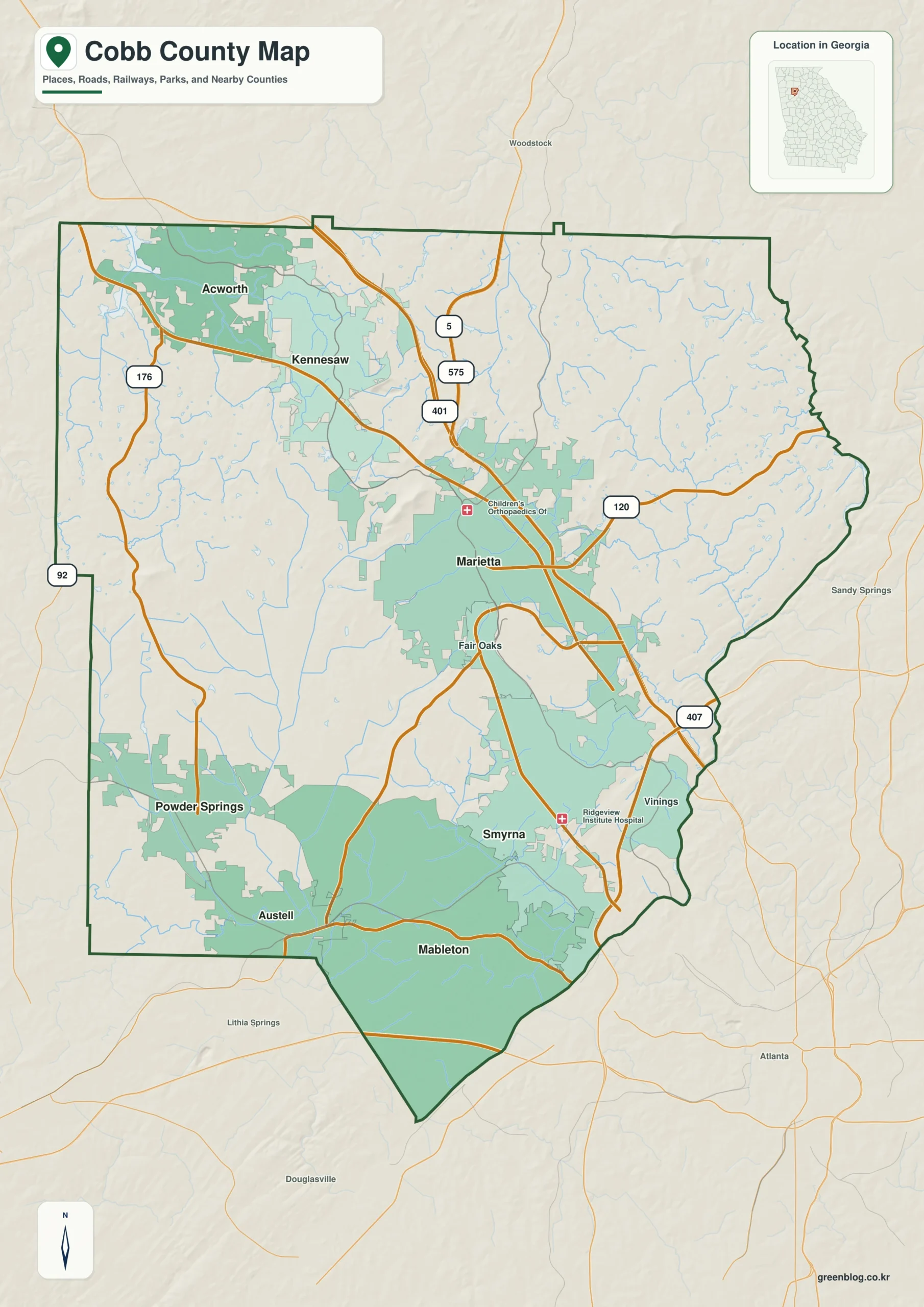 코브 카운티 Cobb County 조지아 지도에 표시된 카운티 경계와 주요 지명