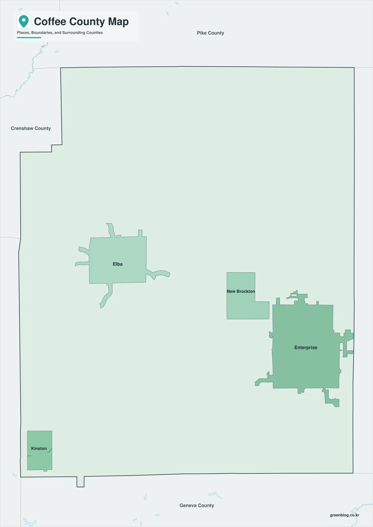 Coffee County Map color version with selected place names and surrounding counties