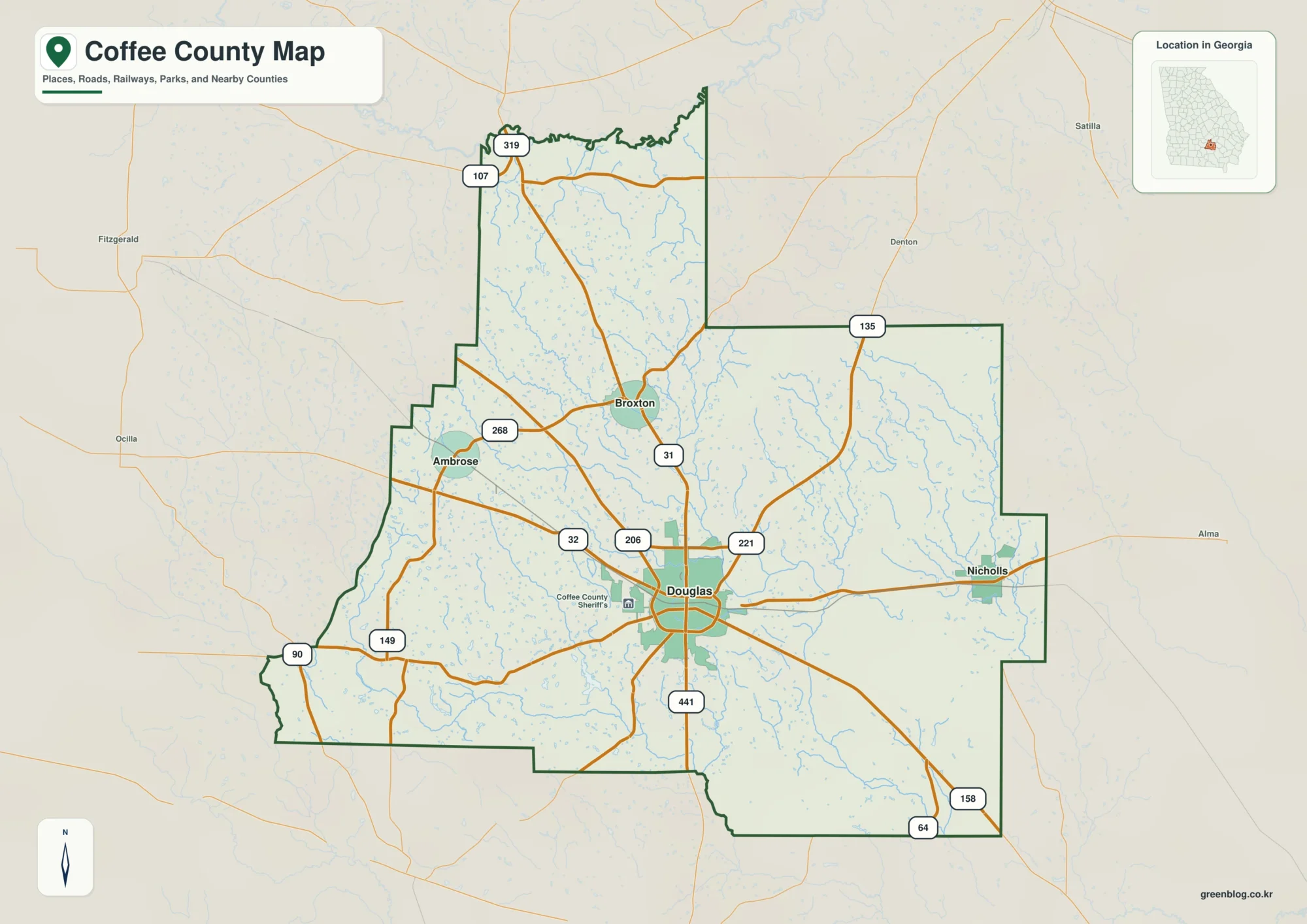 Coffee County Georgia map showing the county boundary and selected places