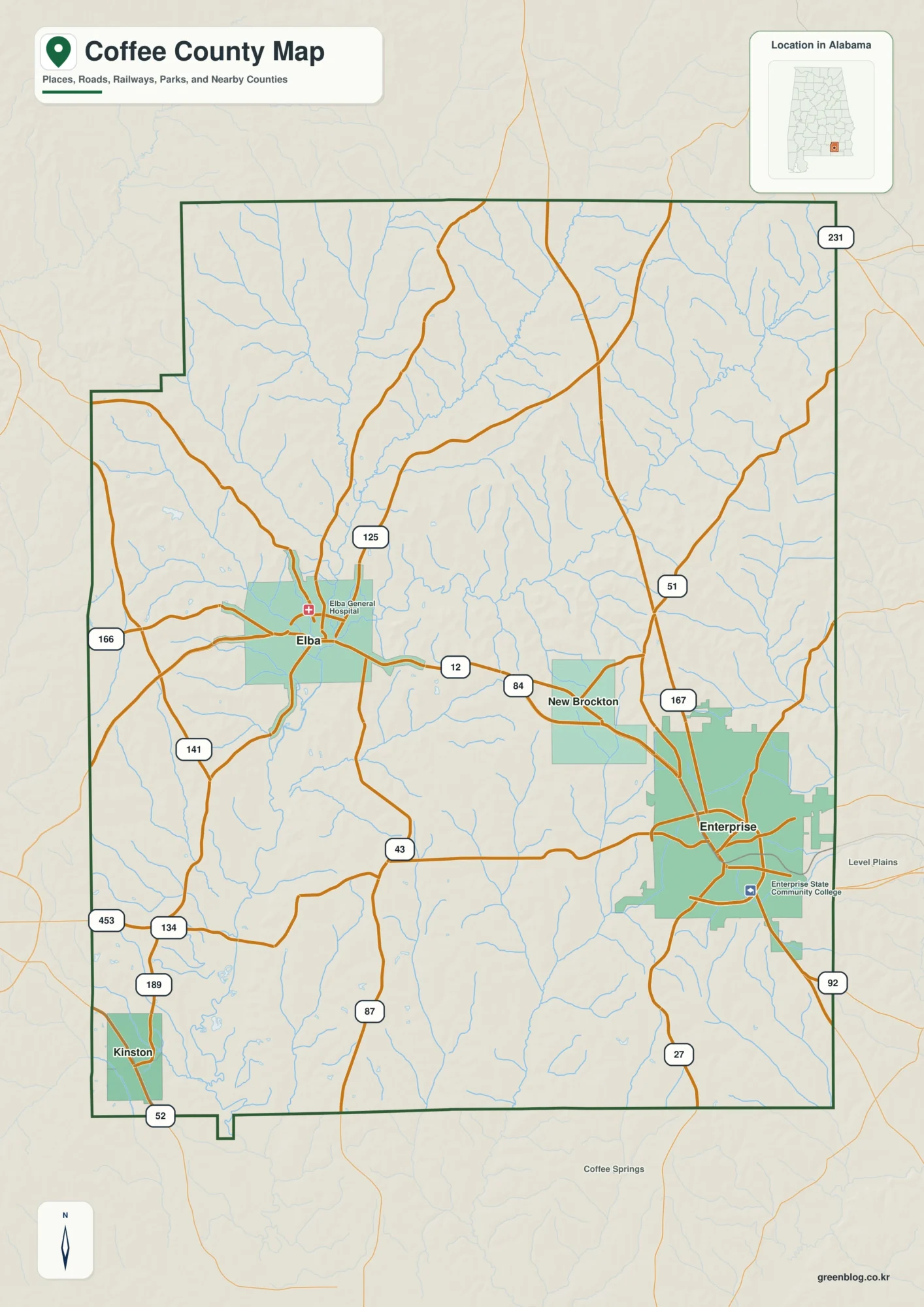 Coffee County Alabama map showing the county boundary and selected labeled places