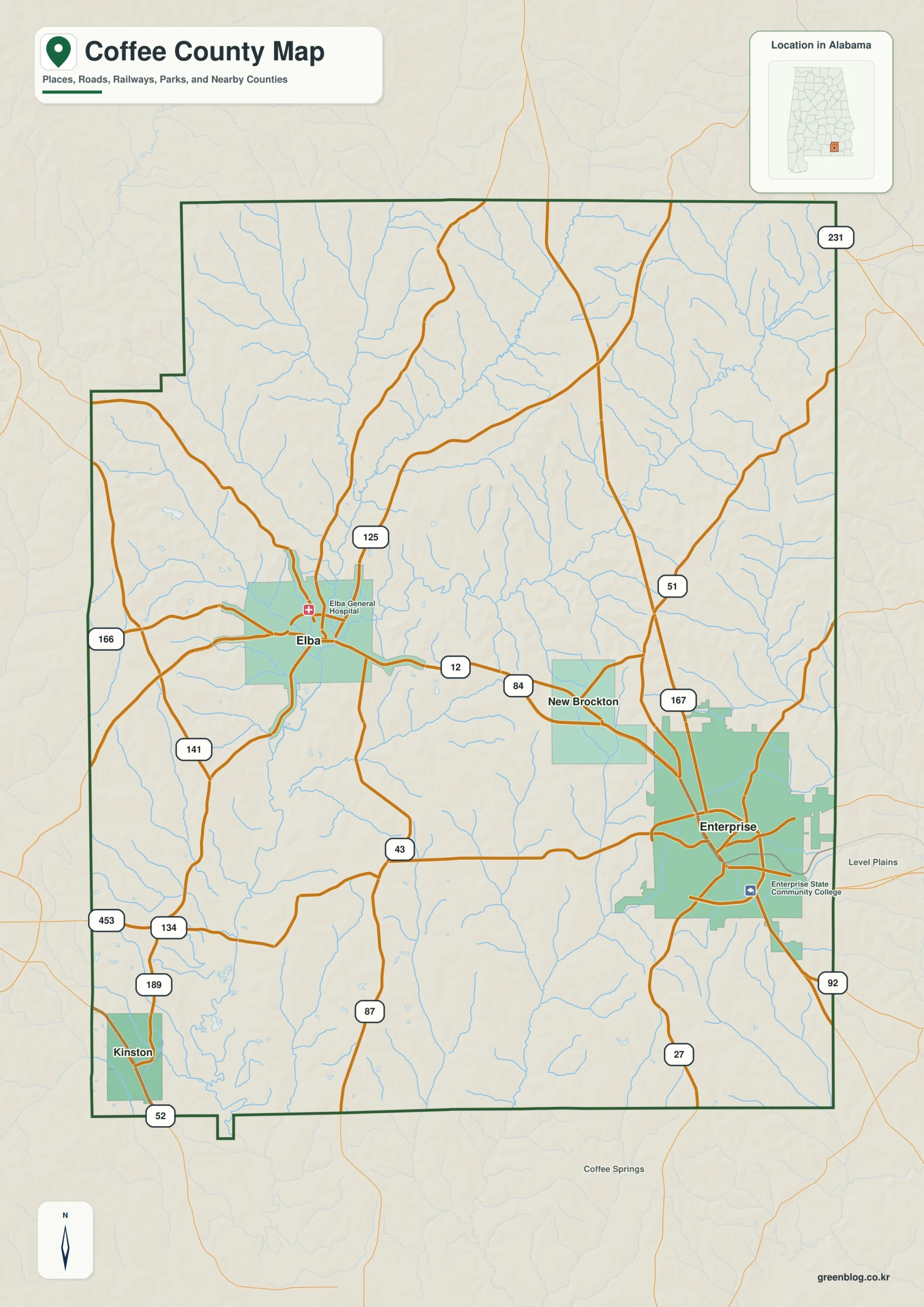 Coffee County Alabama map showing the county boundary and selected labeled places