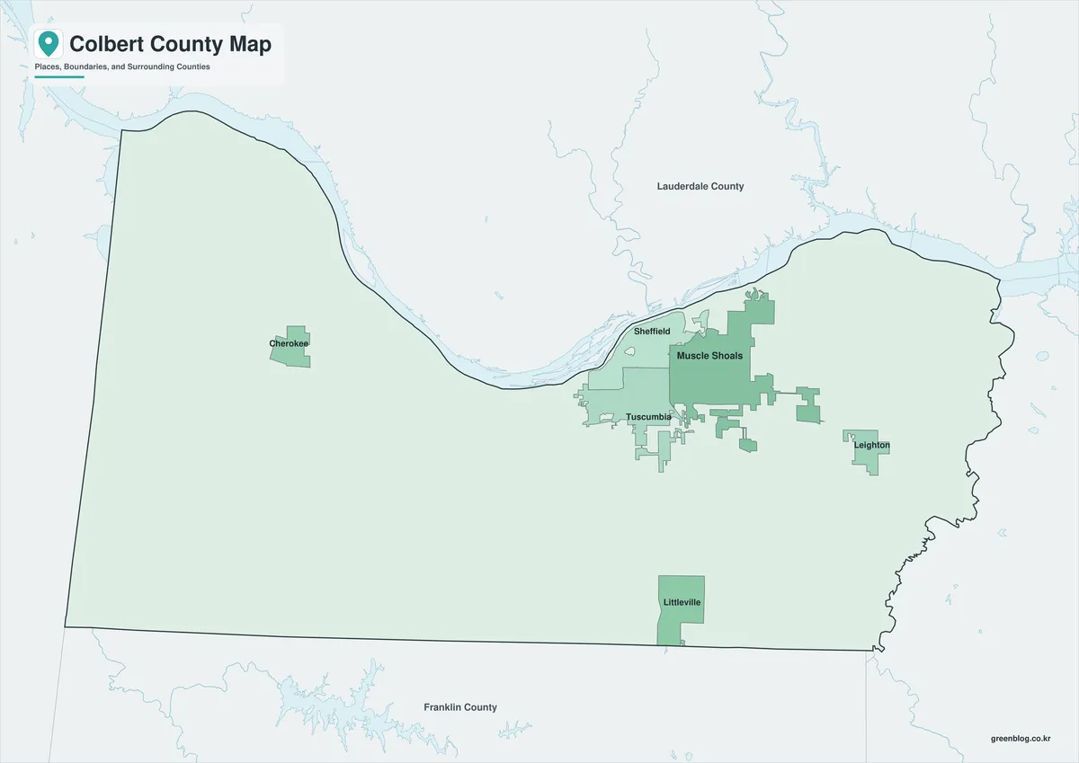 Colbert County Map A3 JPG set showing Color, Black and White, and Outline versions along the Tennessee River