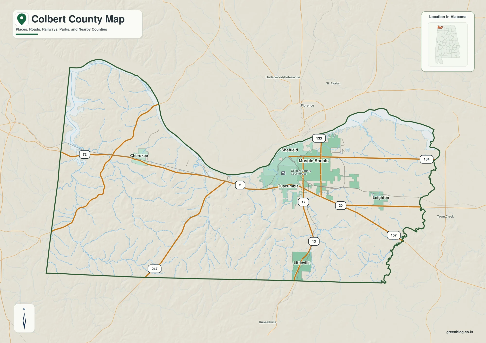 Colbert County Alabama map showing the county boundary and selected labeled places