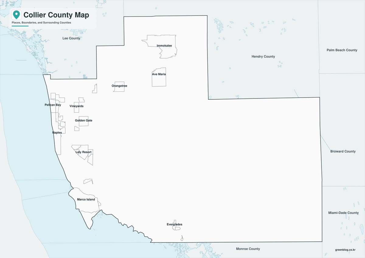 Black-and-white Collier County Florida map showing boundaries and labeled communities.

