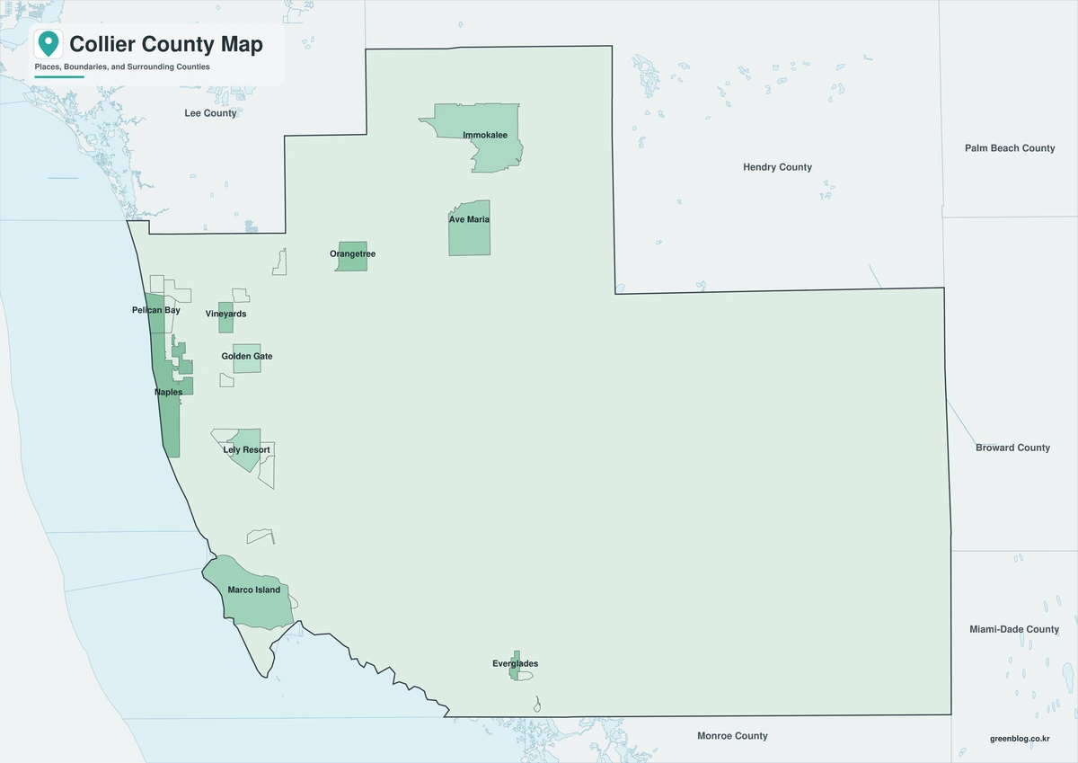 Collier County Florida color map with county boundaries and labeled communities.
