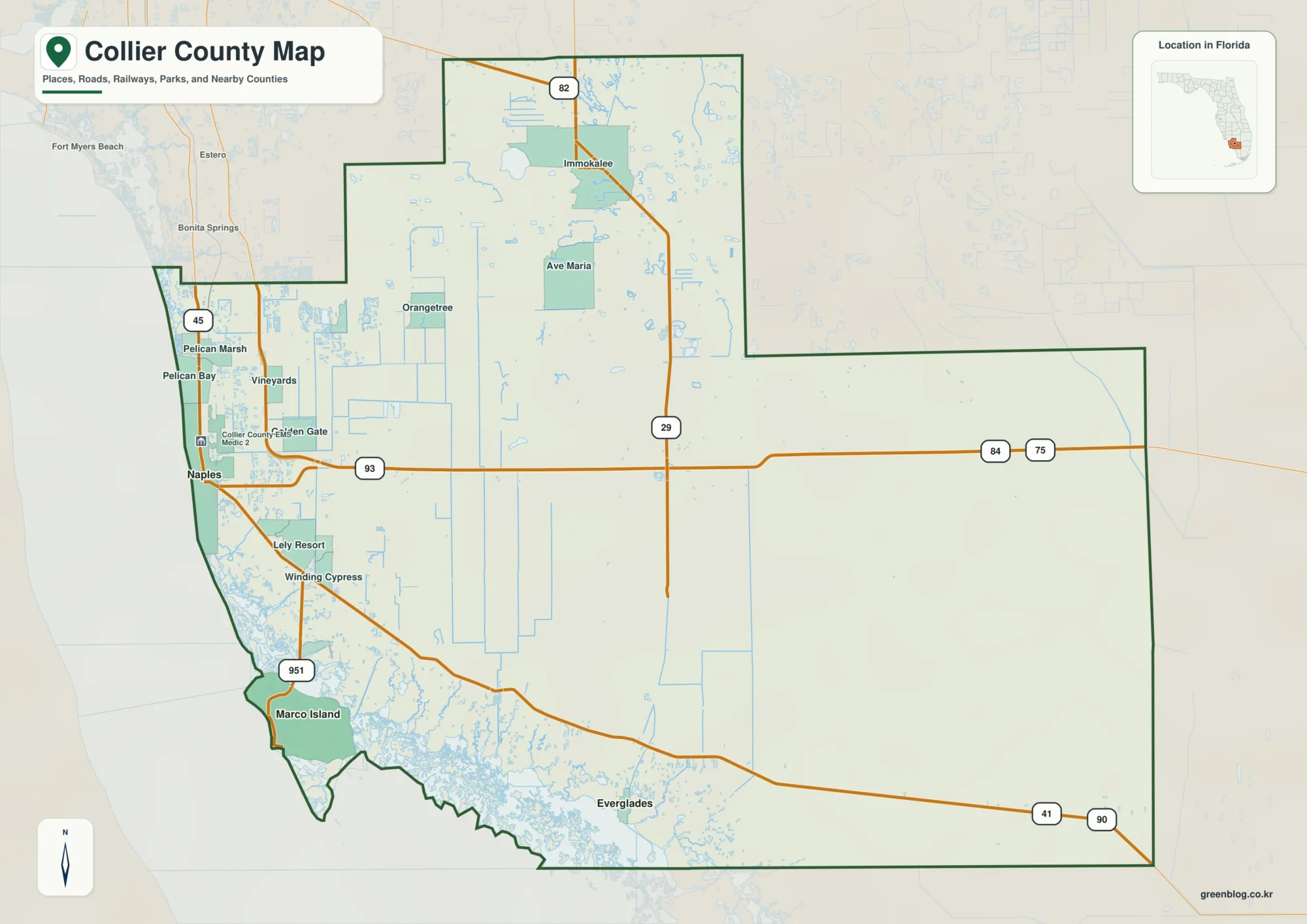 Collier County Florida map showing Naples, Marco Island, Immokalee