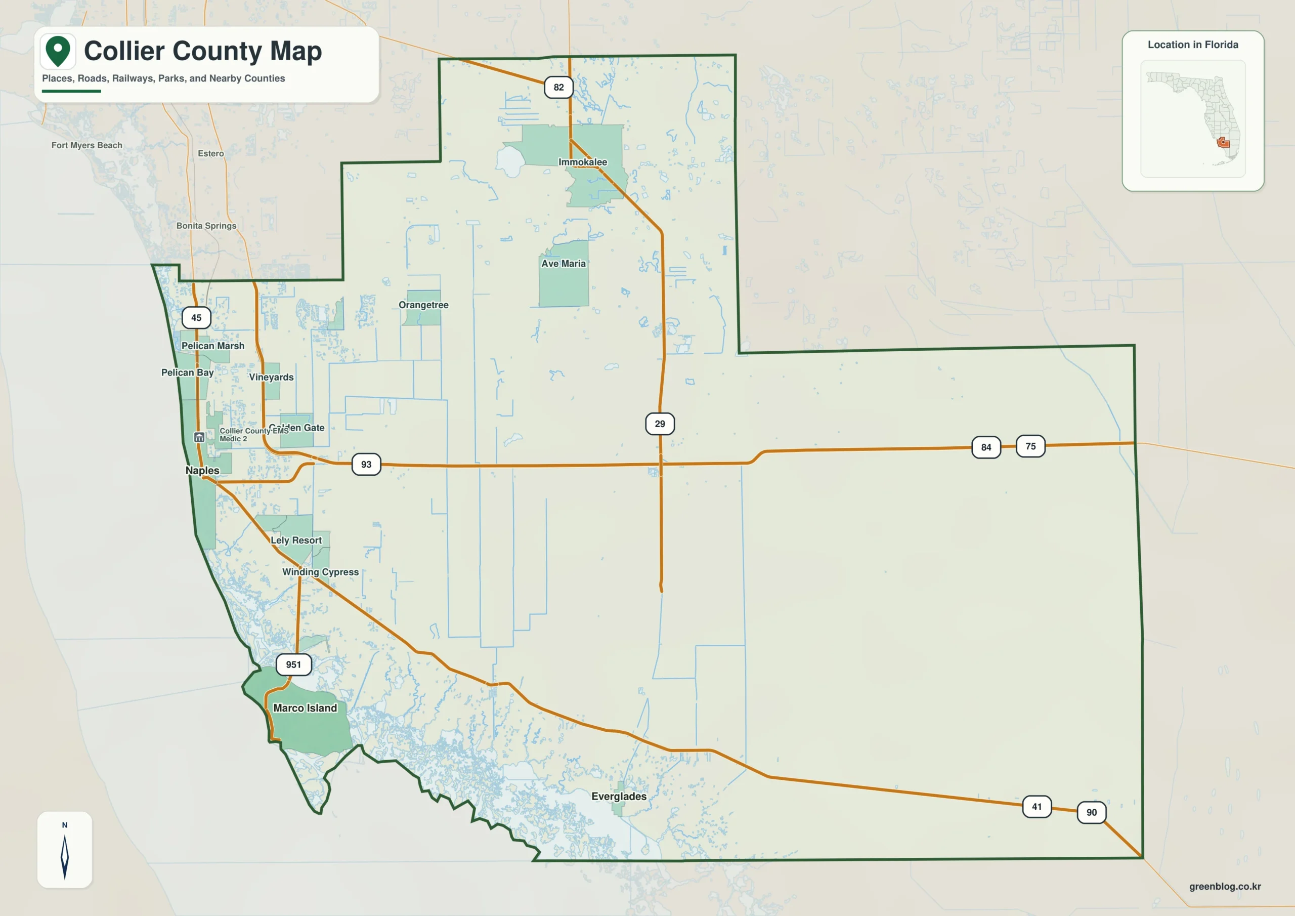 Collier County Florida map showing Naples, Marco Island, Immokalee