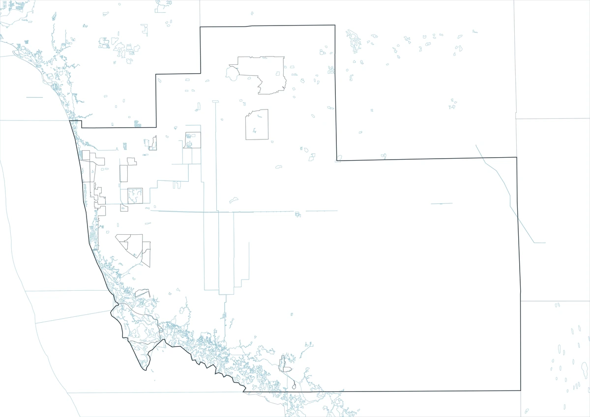 Blank outline map of Collier County, Florida, showing the county boundary.

