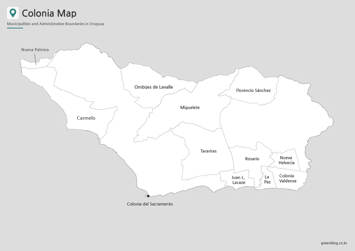 Printable labeled map of Colonia Department with municipal boundaries and place names