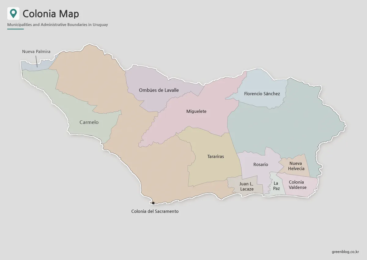 Colonia Department map collection with color, labeled, and outline municipal maps