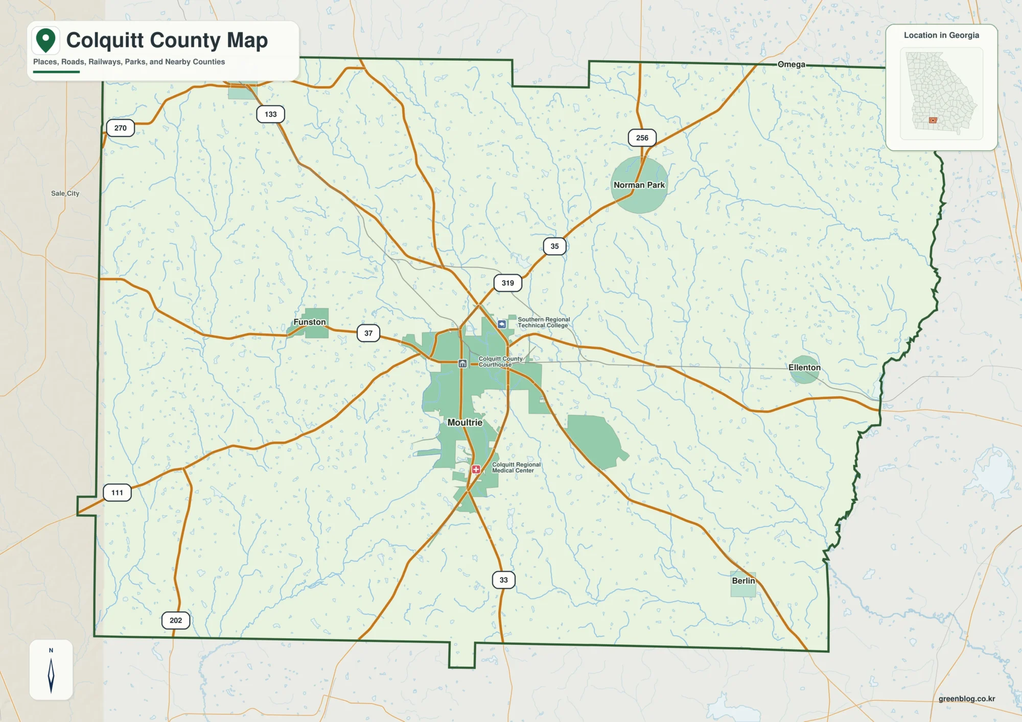 콜퀴트 카운티 Colquitt County 조지아 지도에 표시된 카운티 경계와 주요 지명