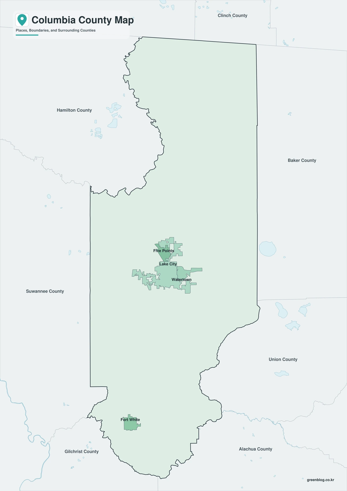 Color map of Columbia County Florida and neighboring counties
