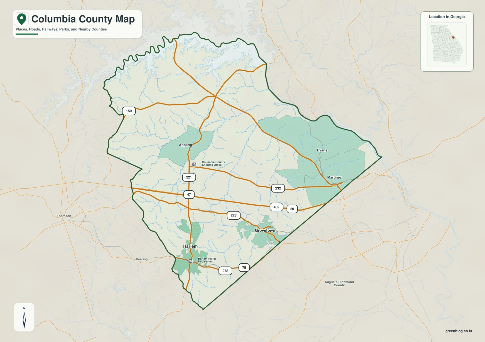Columbia County Georgia map showing the county boundary and selected places