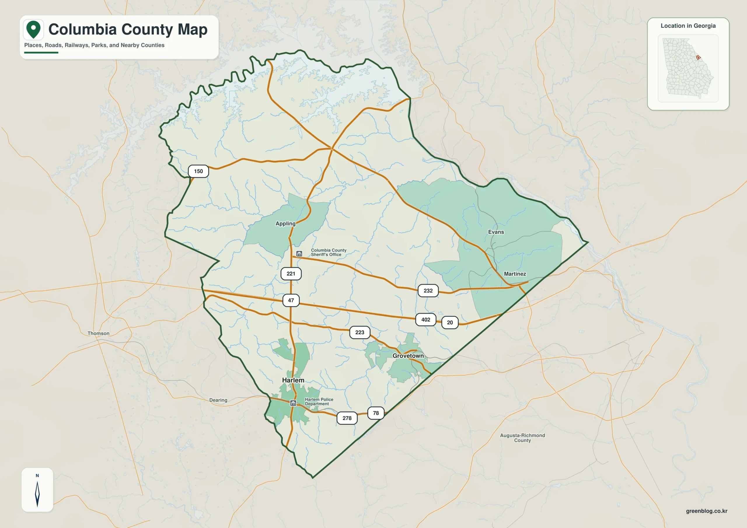 컬럼비아 카운티 Columbia County 조지아 지도에 표시된 카운티 경계와 주요 지명