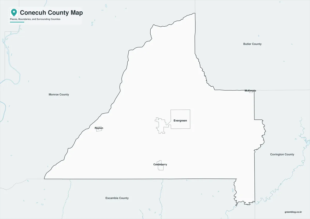 Conecuh County Map black and white version with selected place names and boundaries