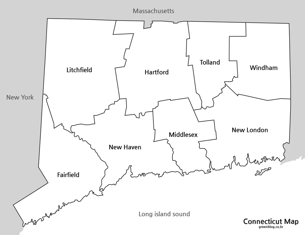 Black and white Connecticut map with county names and boundary lines for printing