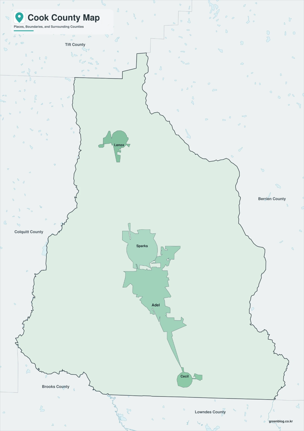 Cook County map color version with Adel and selected communities