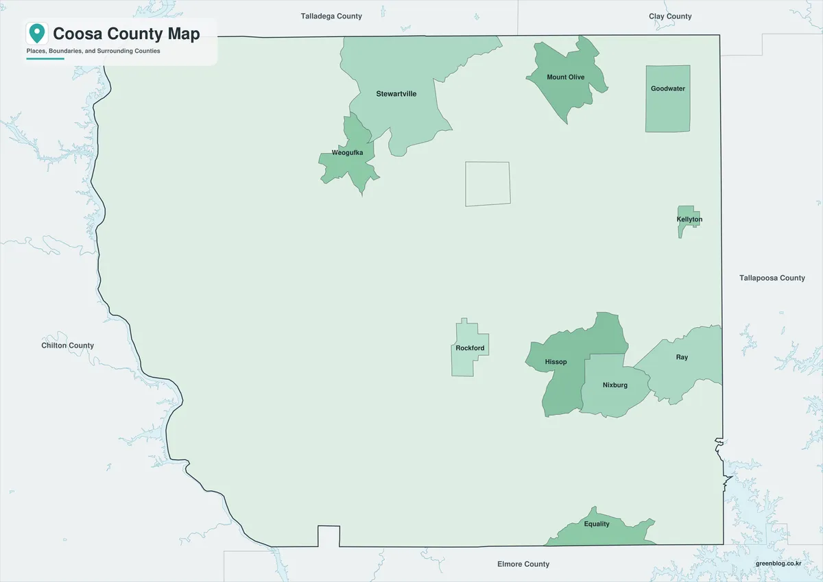 Coosa County Map color version with selected place names and surrounding counties