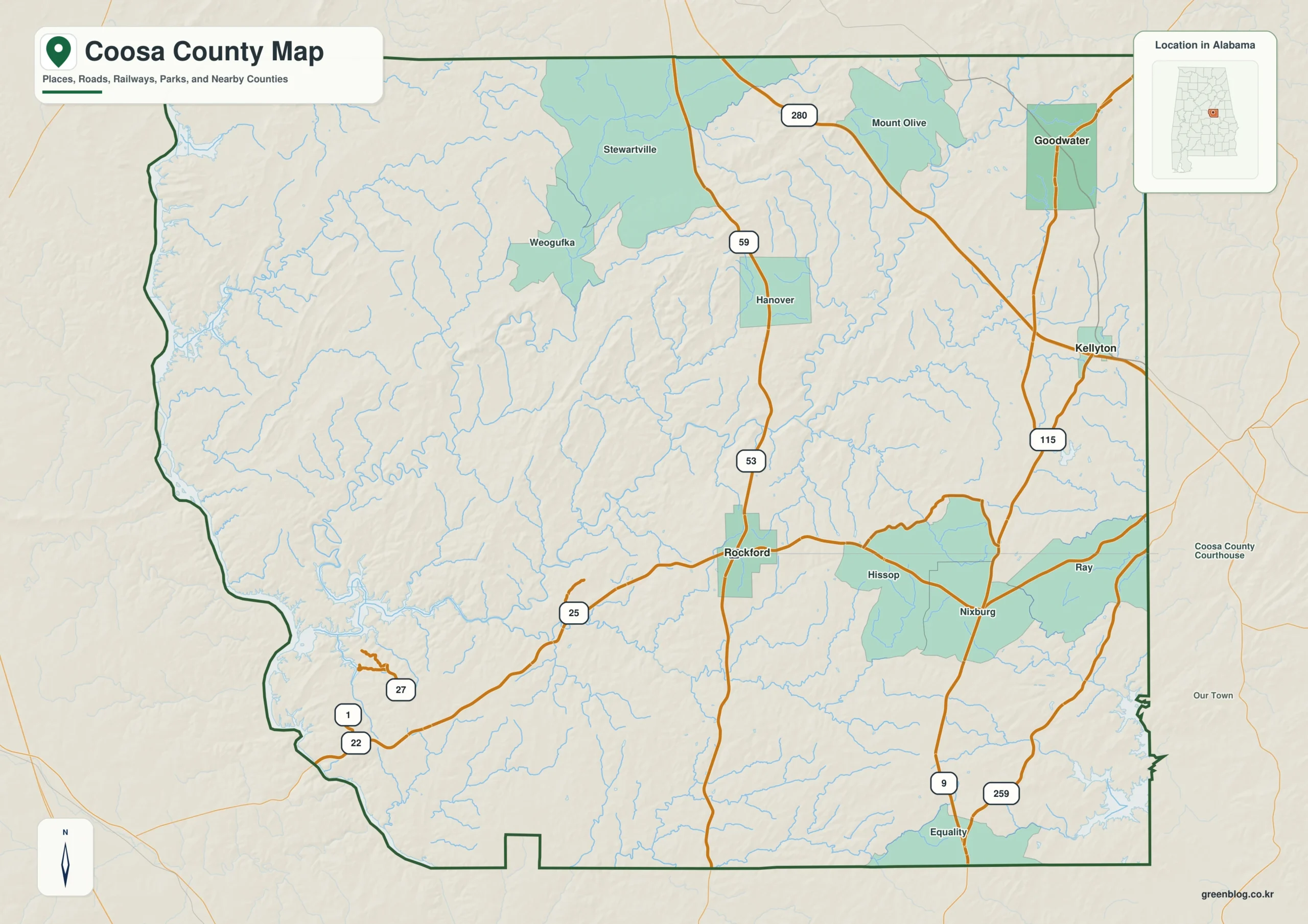 Coosa County Alabama map showing the county boundary and selected labeled places