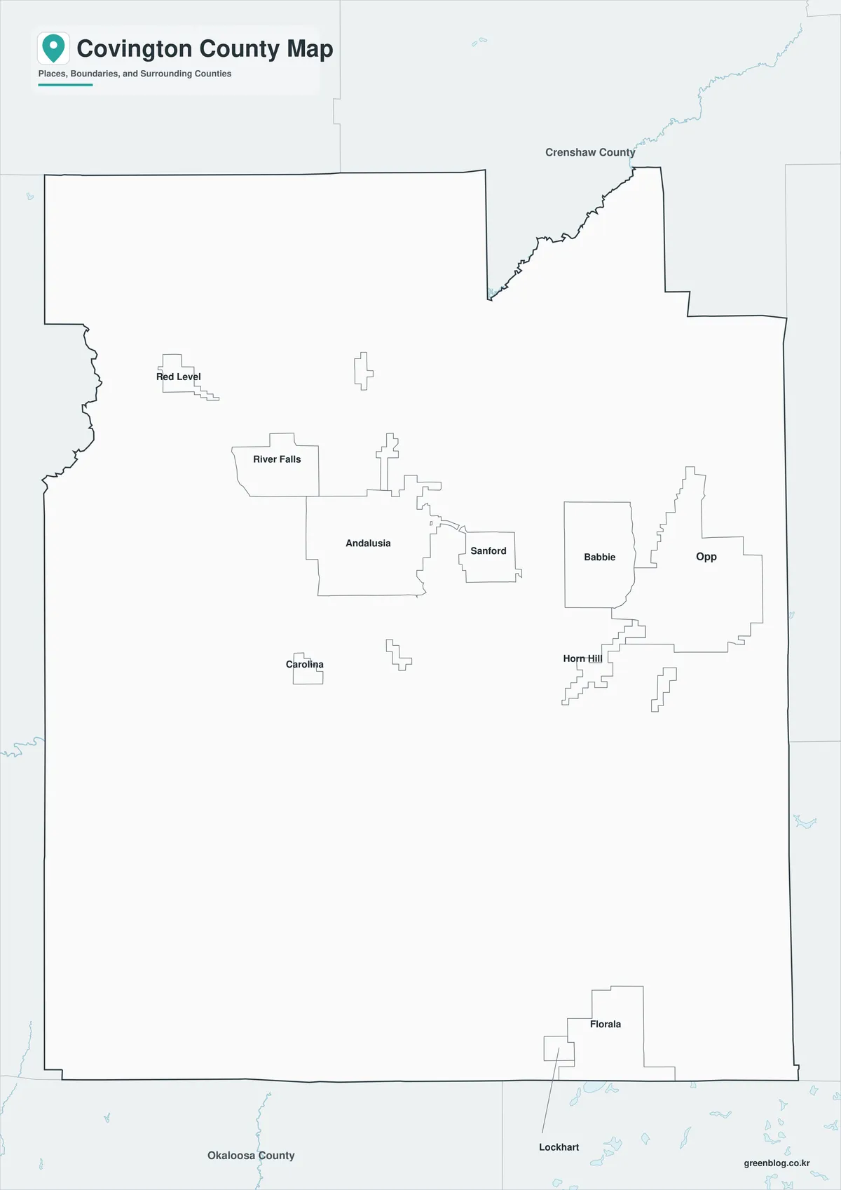 Covington County Map black and white version with selected place names and boundaries