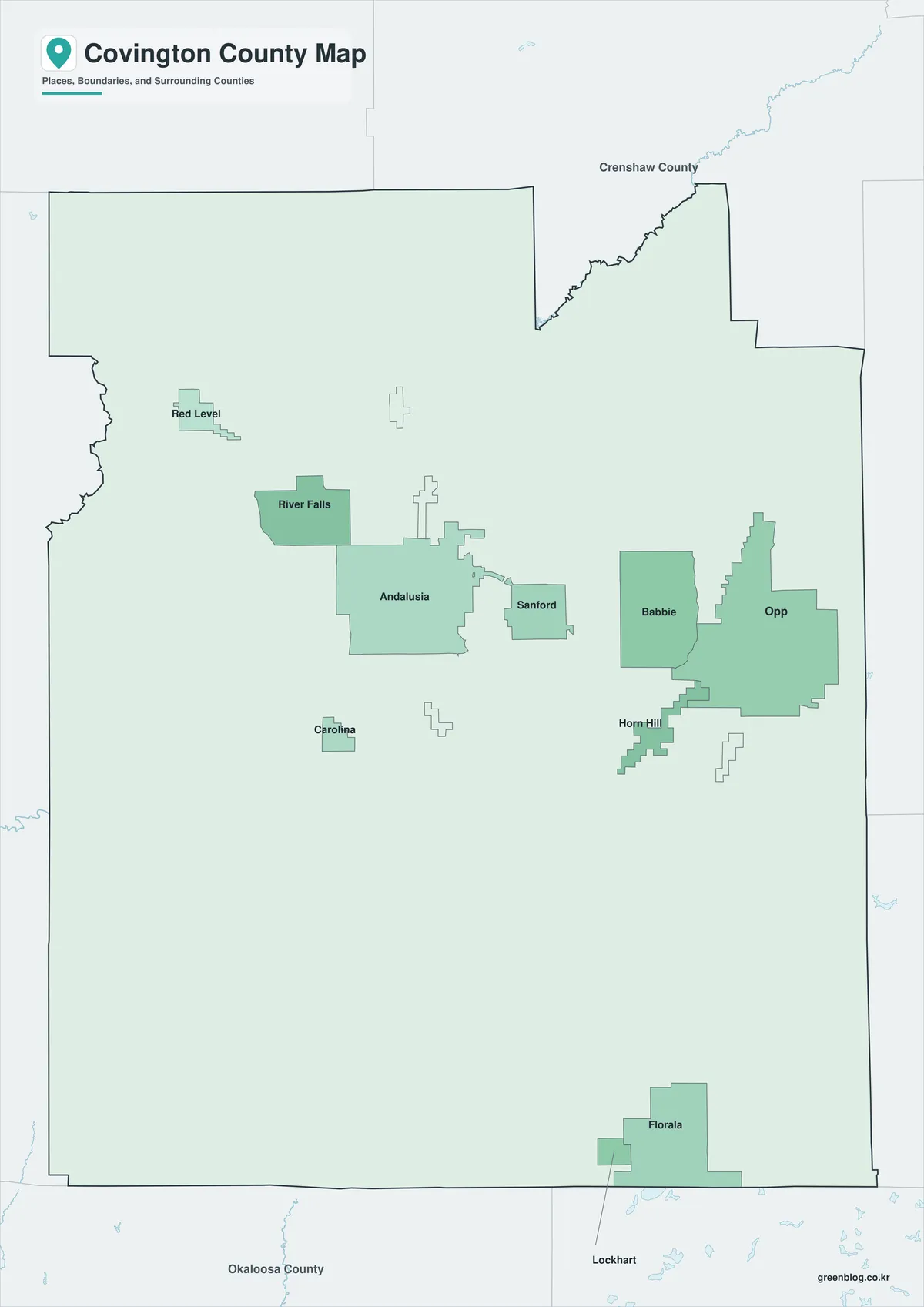 Covington County Map color version with selected place names and surrounding counties