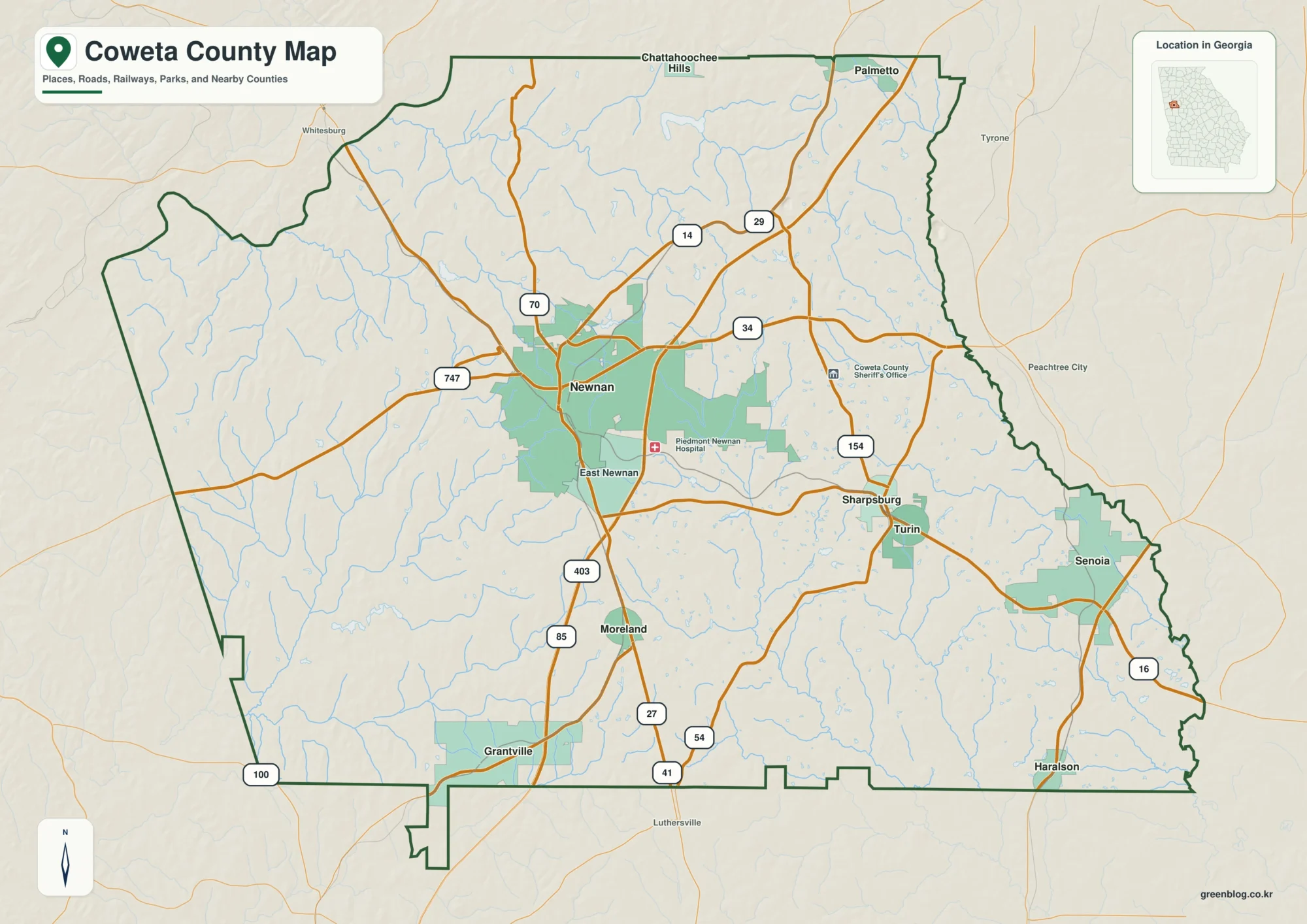 코웨타 카운티 Coweta County 조지아 지도에 표시된 카운티 경계와 주요 지명