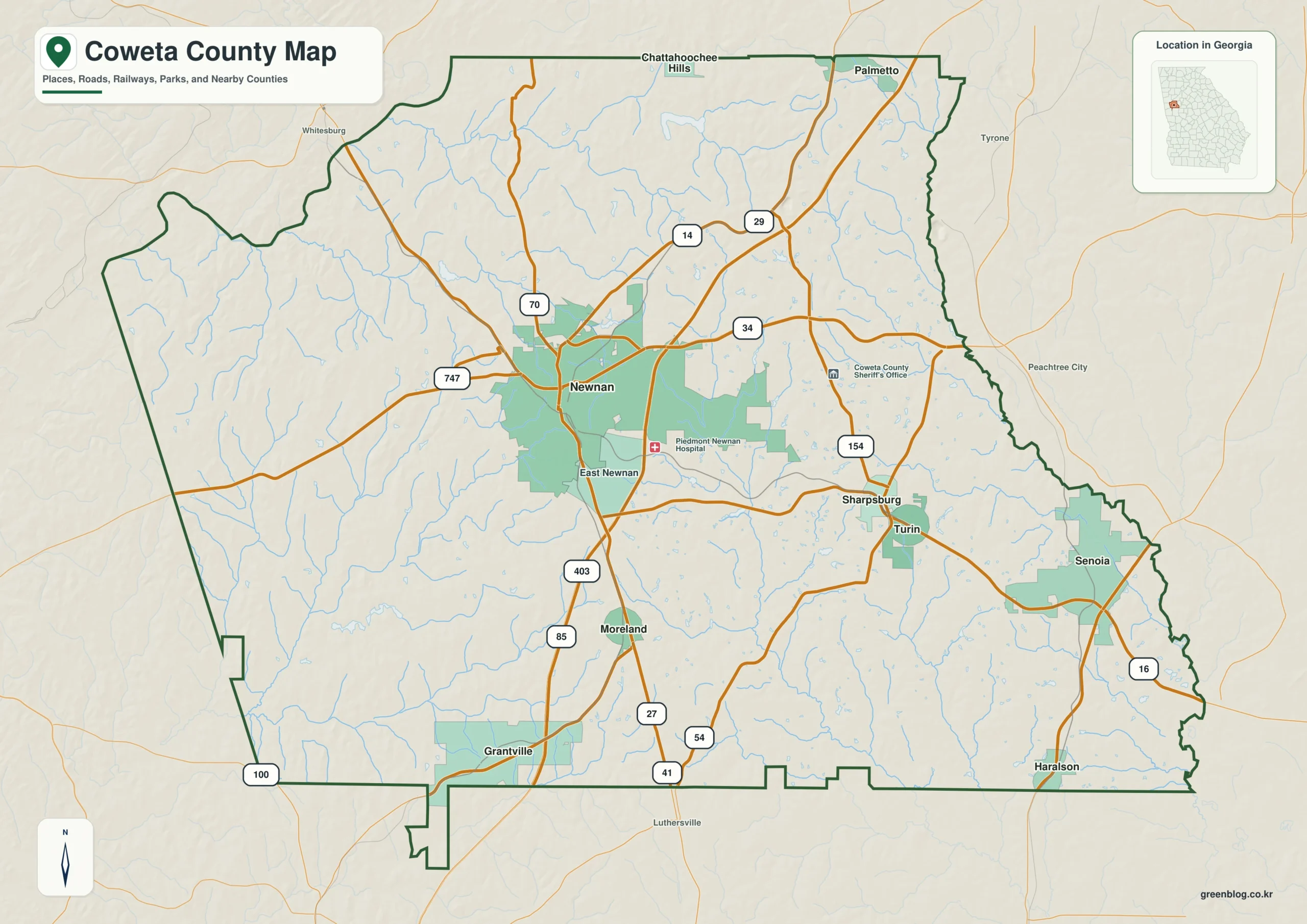 코웨타 카운티 Coweta County 조지아 지도에 표시된 카운티 경계와 주요 지명