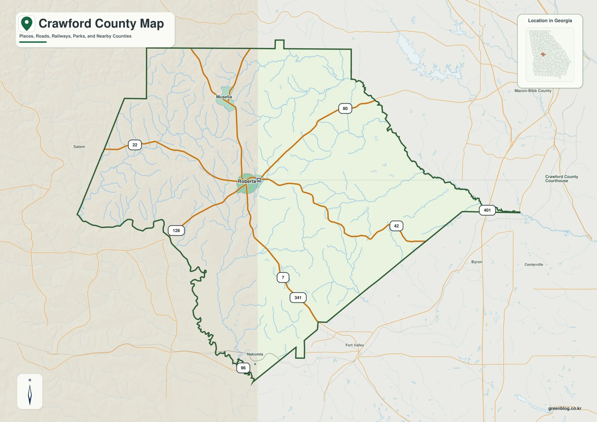 Crawford County Georgia map showing the county boundary and selected places