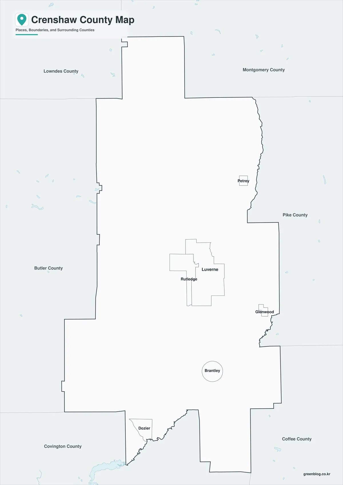Crenshaw County Map black and white version with selected place names and boundary lines