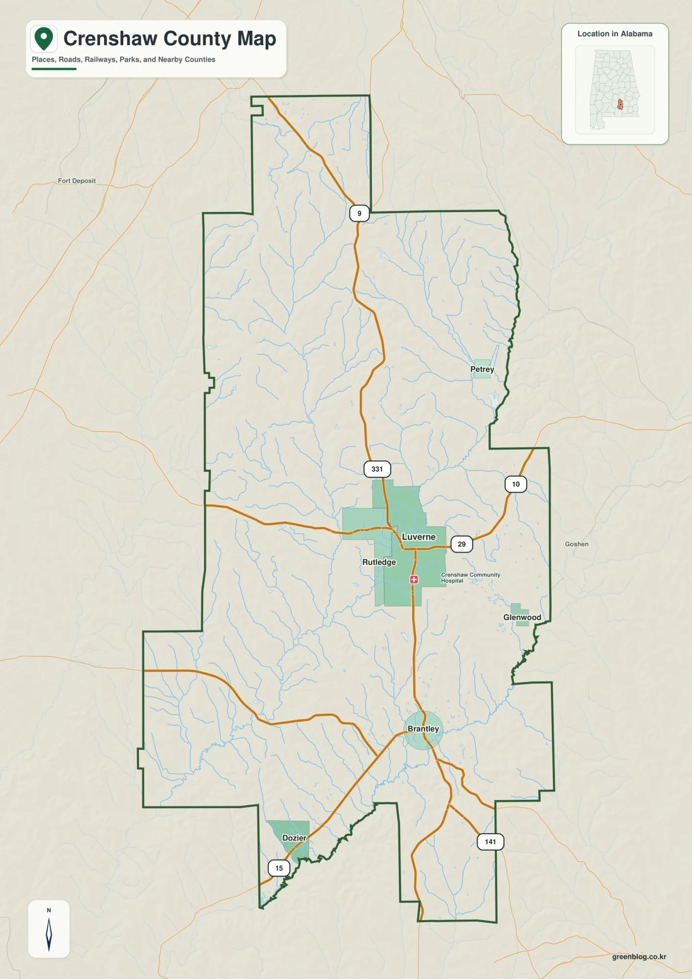 Crenshaw County Alabama map showing the county boundary and selected places