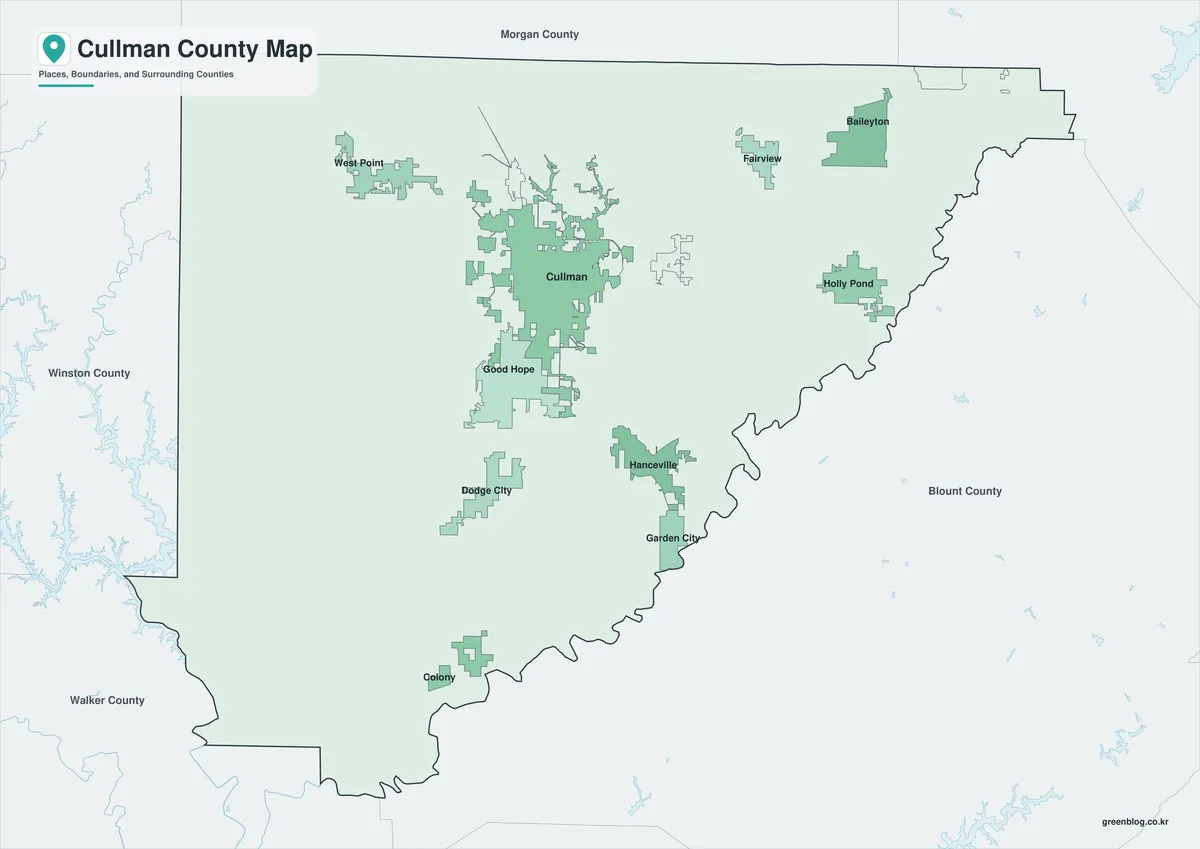Cullman County Map color version with selected place labels and surrounding counties