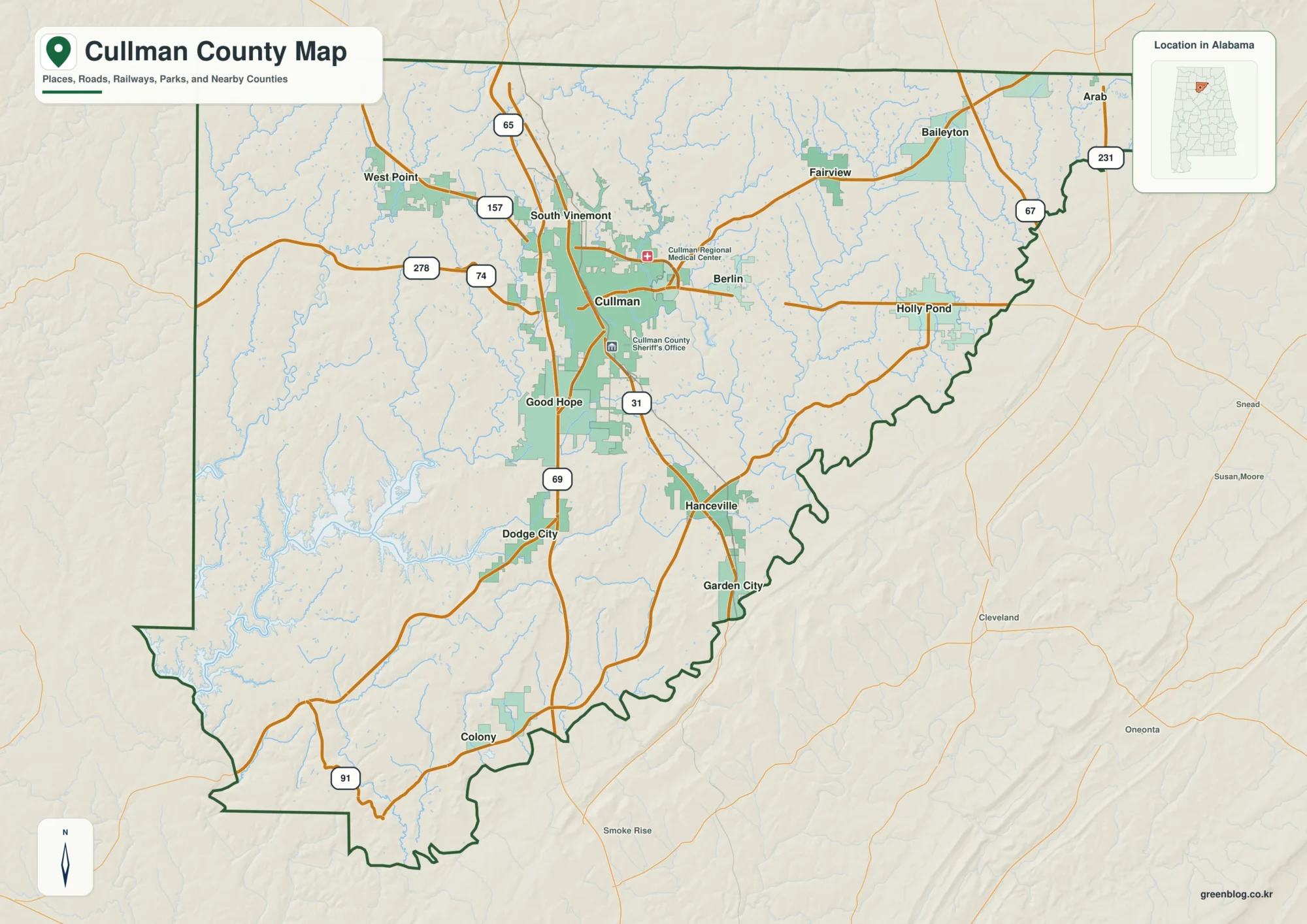 Cullman County Alabama map showing the county boundary and selected places