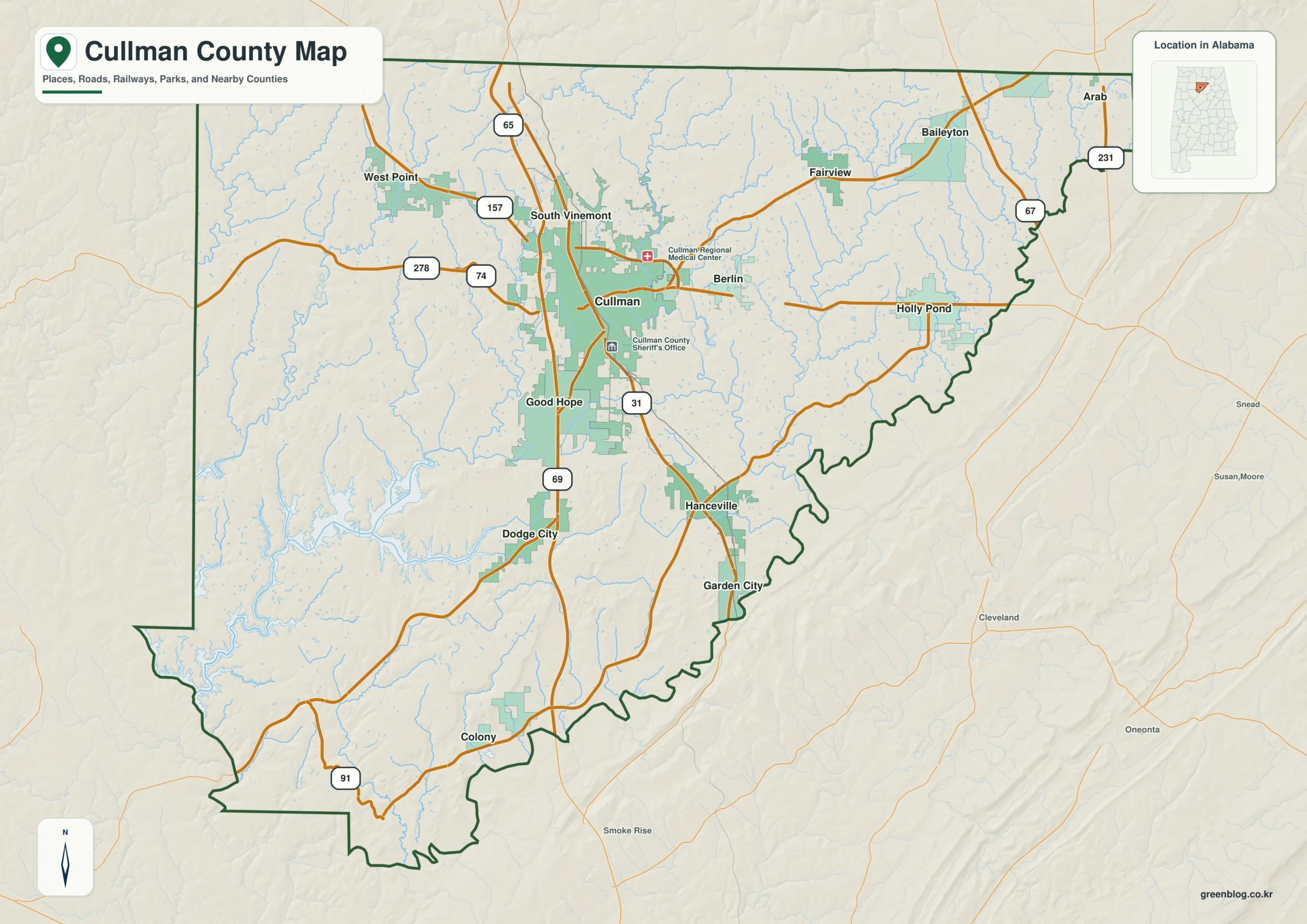 Cullman County Alabama map showing the county boundary and selected places