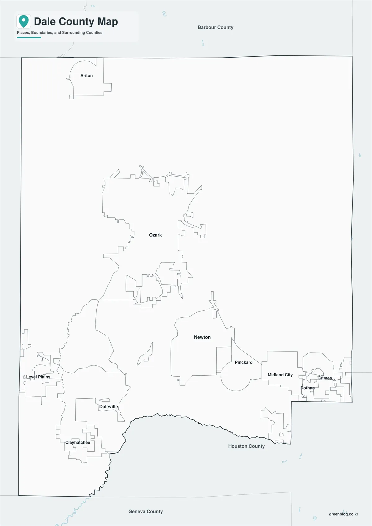 Dale County Map black and white version with selected place names and boundaries