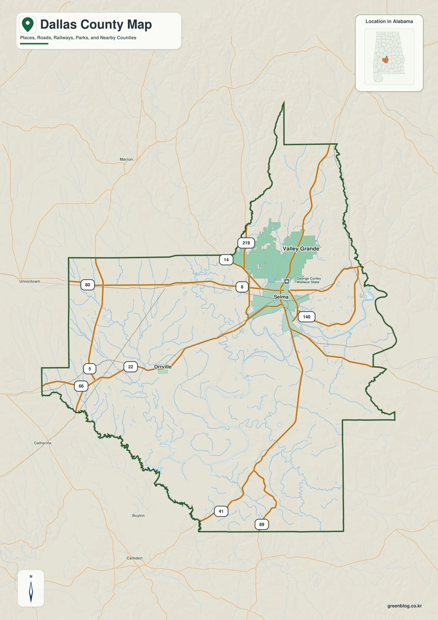 Dallas County Alabama map showing the county boundary and selected places